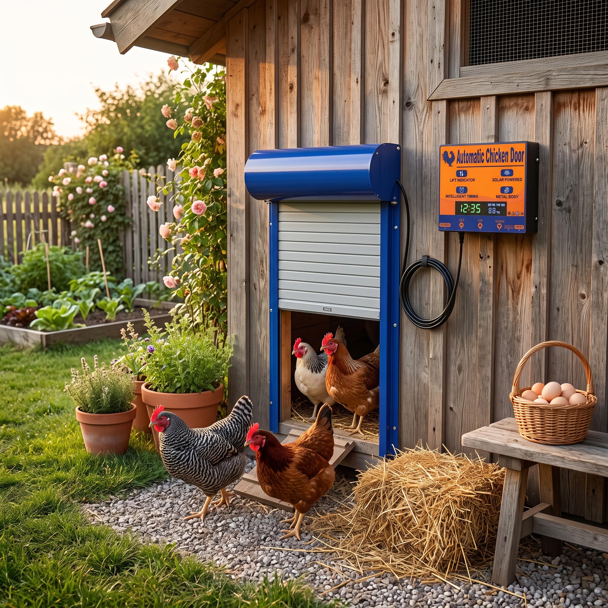 Puerta Automática Persiana para Gallinero Pequeño, Programable | Modo Temporizador y Modo Manual, Funciona con pilas, Chapa Metálica Gruesa, Controlador de pantalla LED, para Gallinas Patos
