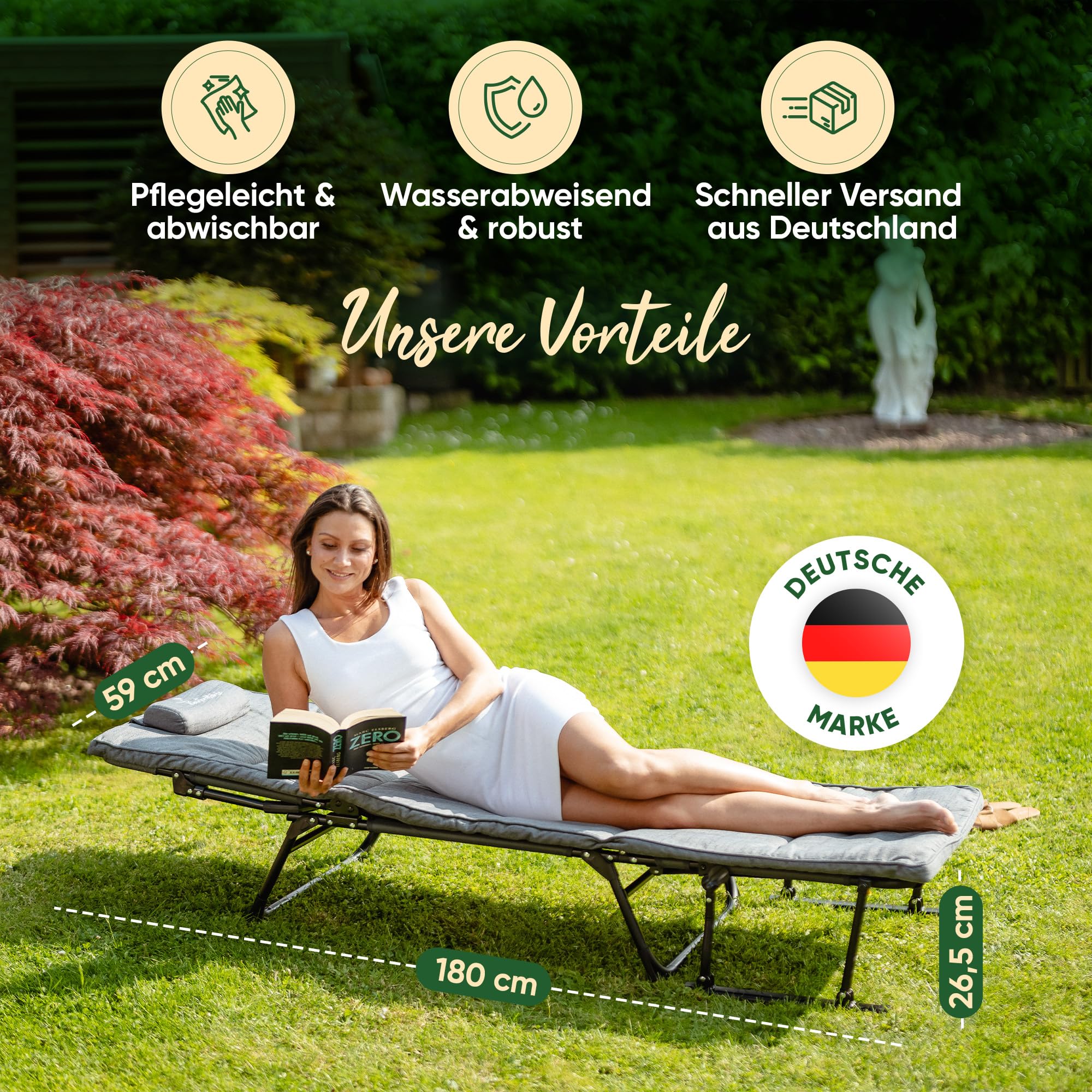Sonnenliege klappbar [2 in 1 Gartenliege Wetterfest] Stuhlfunktion bis zu 200 KG Belastbar zum Sonnenbaden, Lesen, Entspannen Camping oder Garten