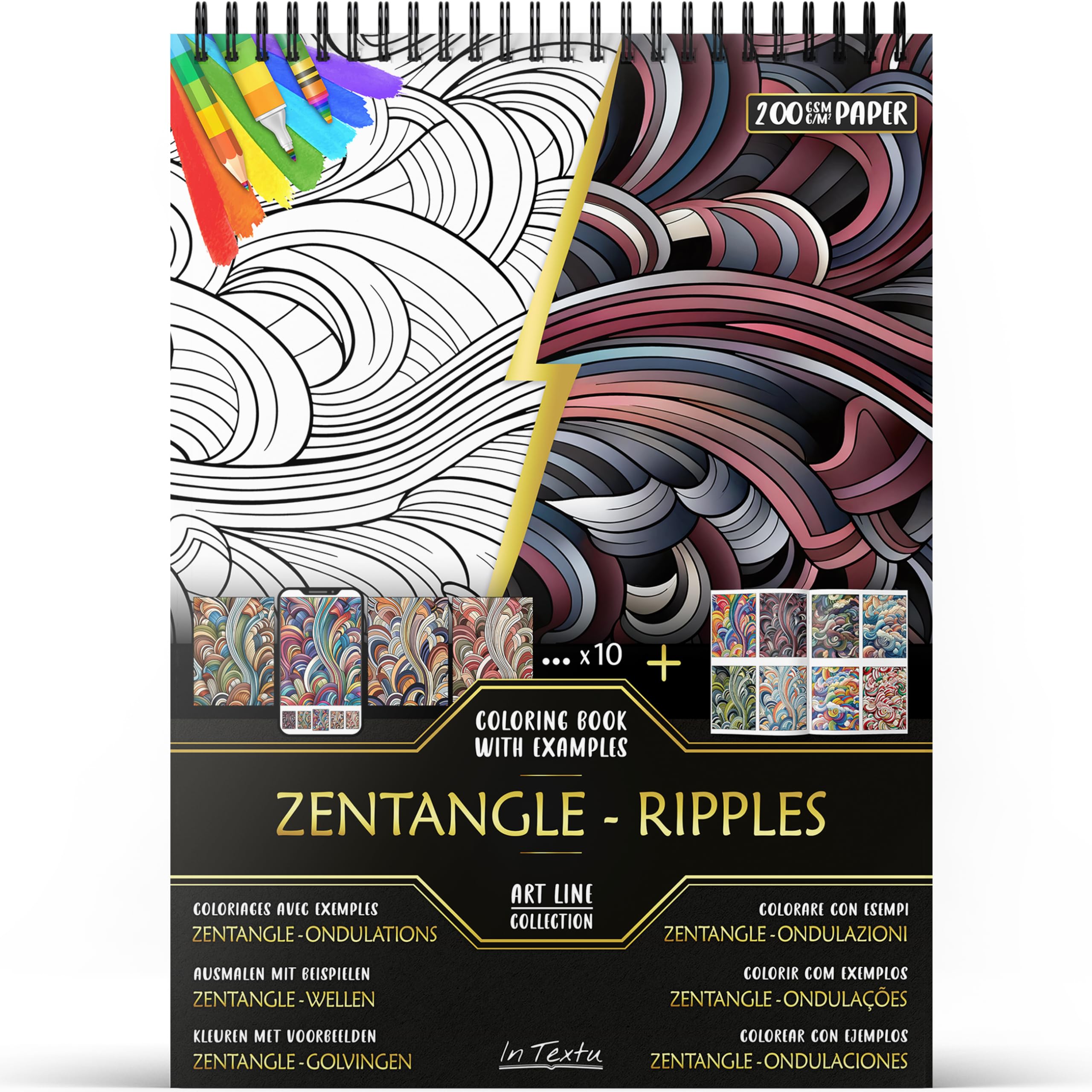 in Textu – Zentangle - Ripples – Coloring Book for Adults and Teens with Inspiring Colored Examples – Premium 200gsm Paper – Fine Spiral Binding – Relaxing and Meditative Coloring Book