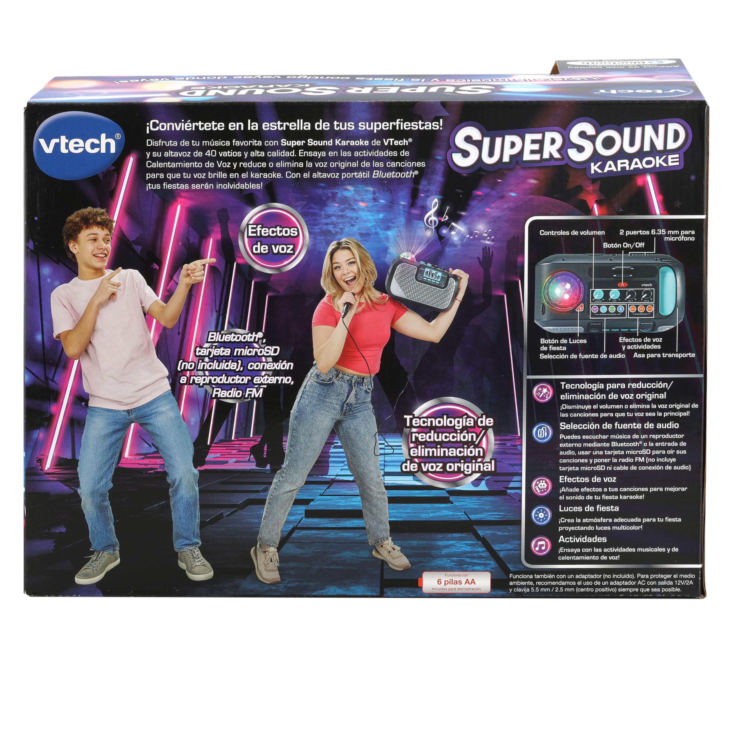 VTech - Super Sound Karaoke, Altavoz Karaoke portátil con micrófono, Bola de Discoteca iluminada giratoria, Bluetooth, Entrada Auriculares, Regalo niños +14 años, Contenido en Español