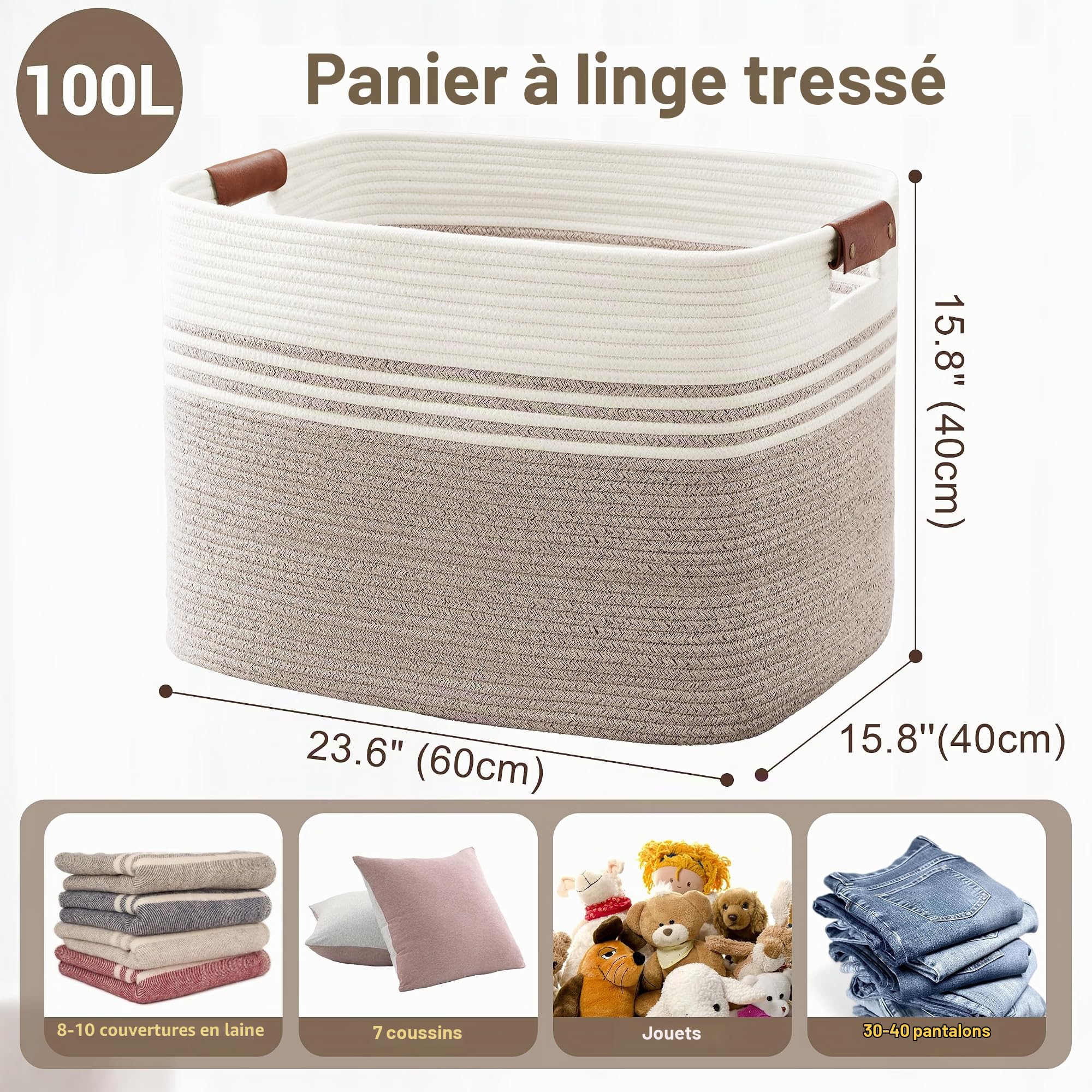 Grand panier à linge tressé en corde de coton, 100L avec anses en cuir, pour couvertures, vêtements et jouets, adapté à la chambre d'enfant et au salon, 55x43x30 cm, blanc et brun