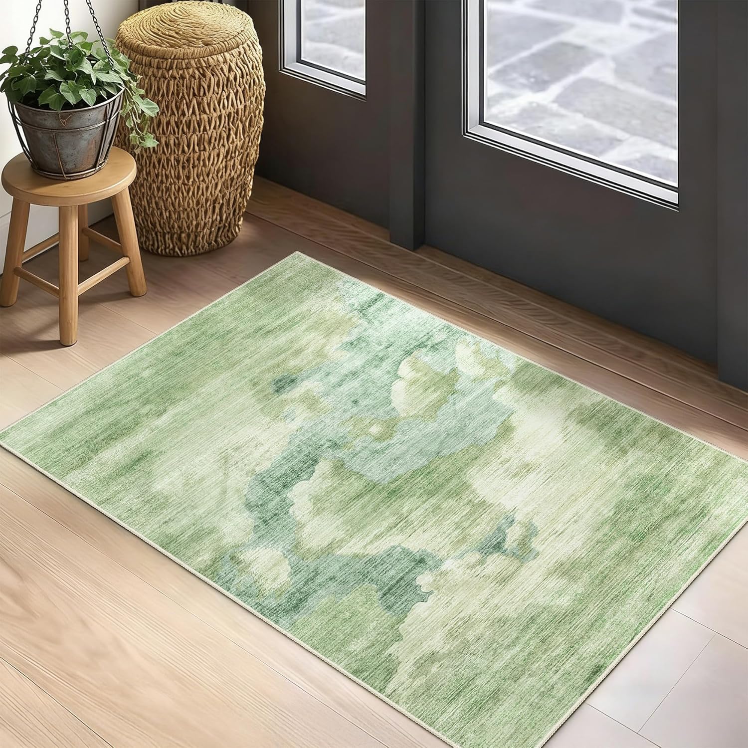 Small Rugs 2x3 Green Rug for Entryway Bathroom Kitchen Entrance Doormat,Modern Abstract Marble Accent Floor Throw Carpet Non Slip