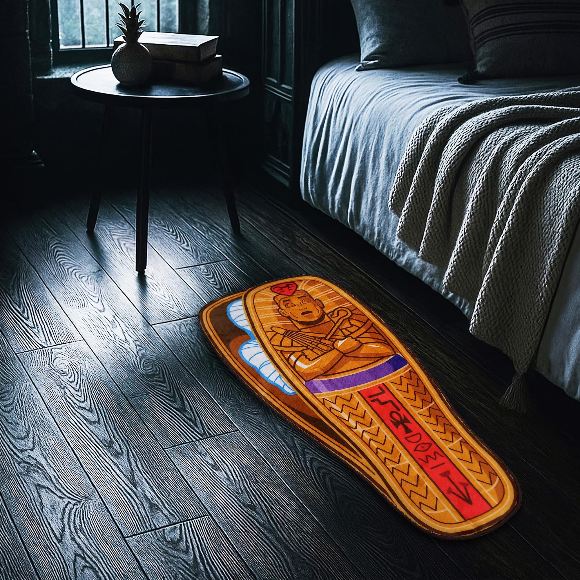 Lumirug Coffin Shaped Plush Rug Gothic Tattoo Style Floor Mat Alternative Halloween Decor Nonslip Machine Washable Soft Accent Carpet 80x160 cm