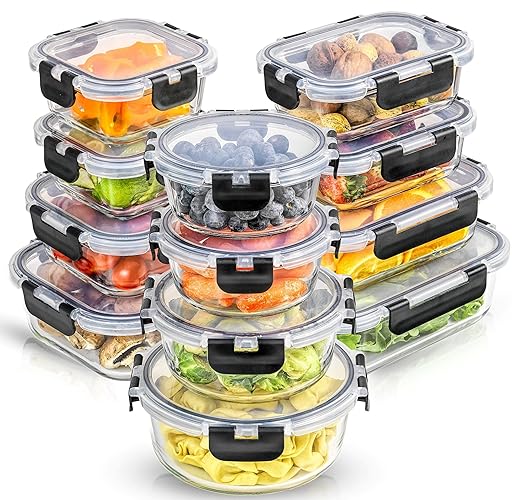 JoyJolt 24pc Borosilicate Glass Storage Containers with Lids | 12 Airtight/Freezer Safe Food Storage Containers for Pantry and Kitchen | Meal Prep Container for Lunch | Glass Tupperware Set - Color Black