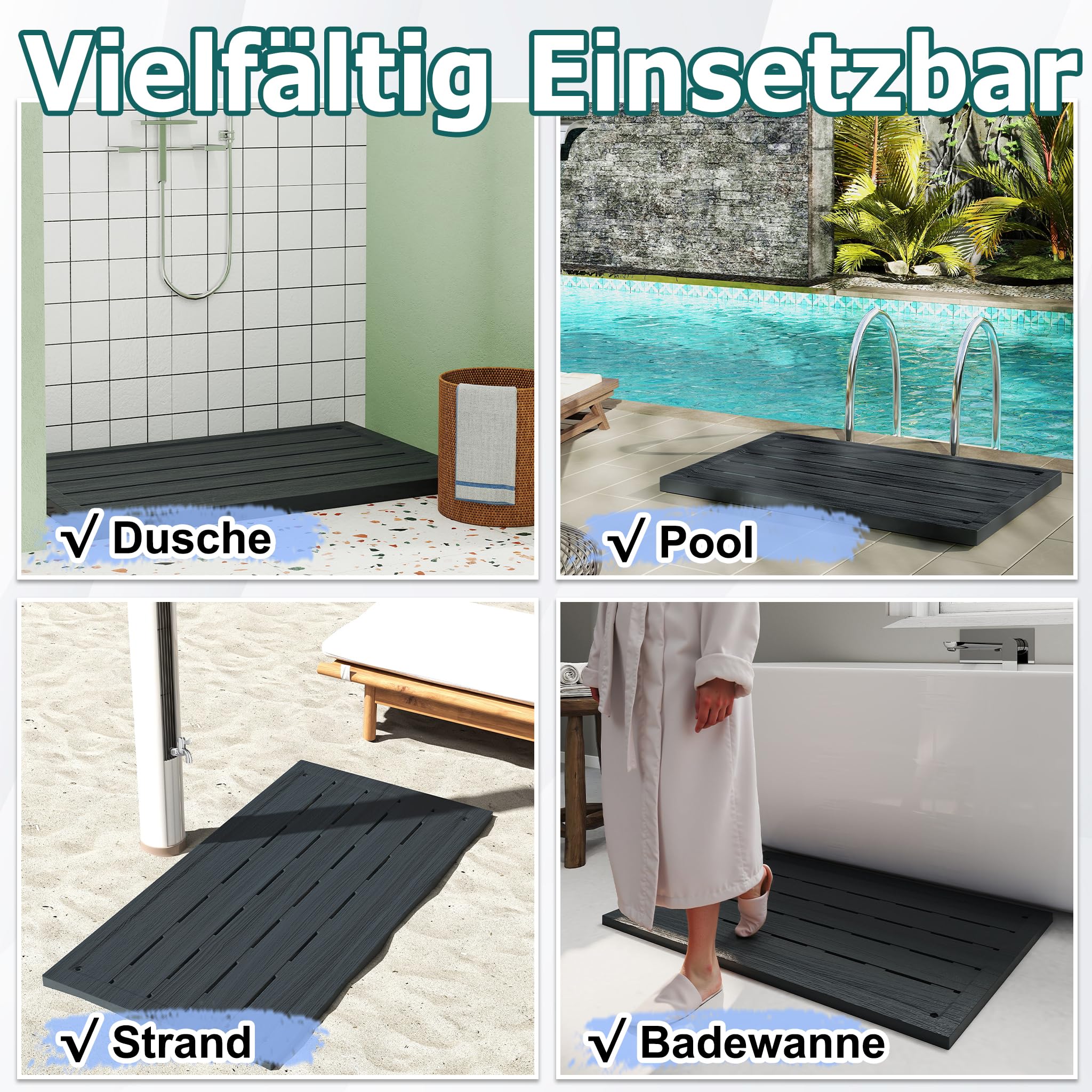Rutschfeste Bodenplatte Holzoptik 100x65x4cm UV-beständiges Kunststoff Bodenelement, praktische Unterlage für Gartendusche Solardusche Poolleiter Outdoor Nutzung mit Montagematerial Anthrazit