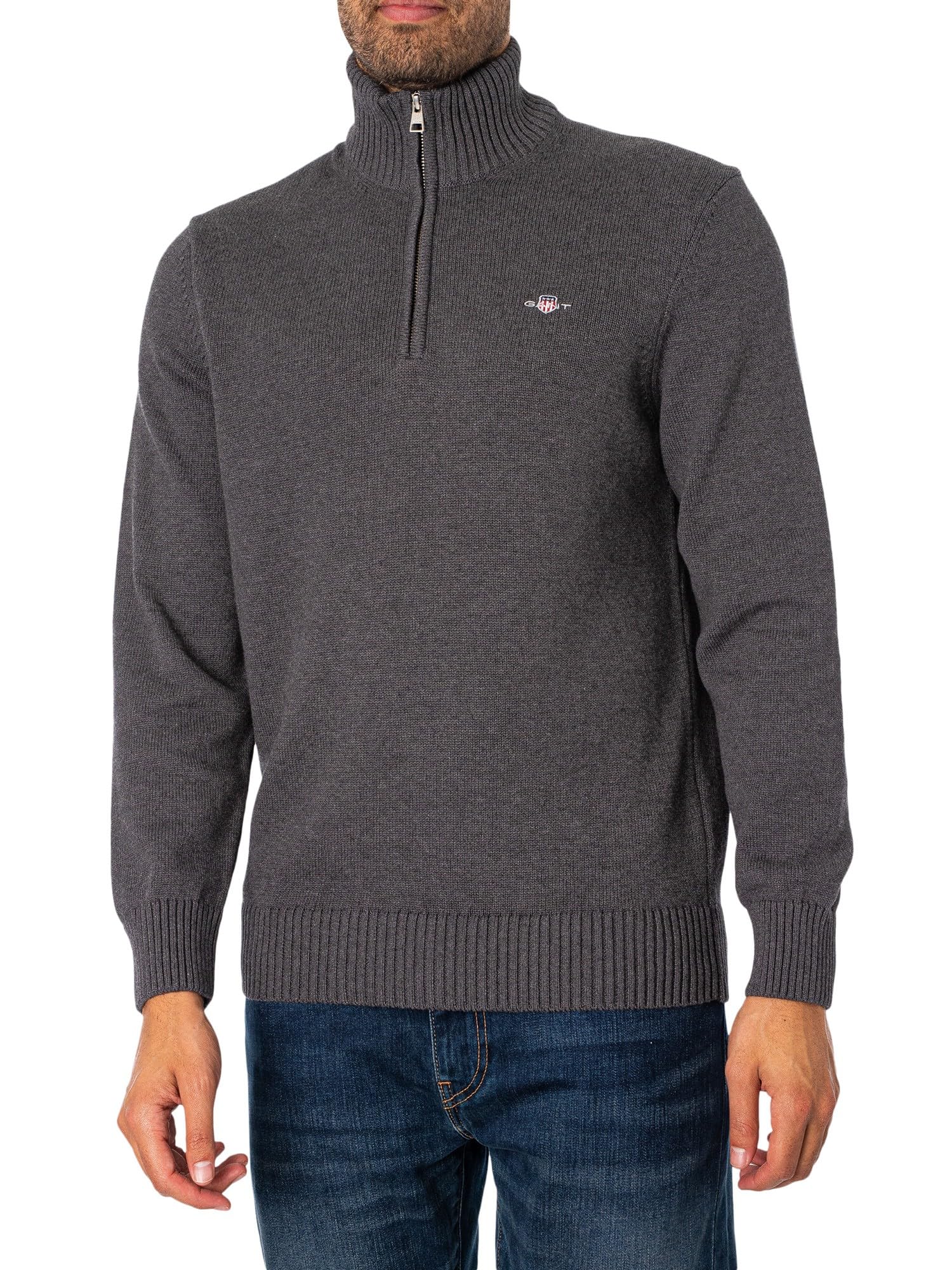 Gant Men's Antracite Melange Cotton Half Zip Cream Sweater Charcoal Xxl