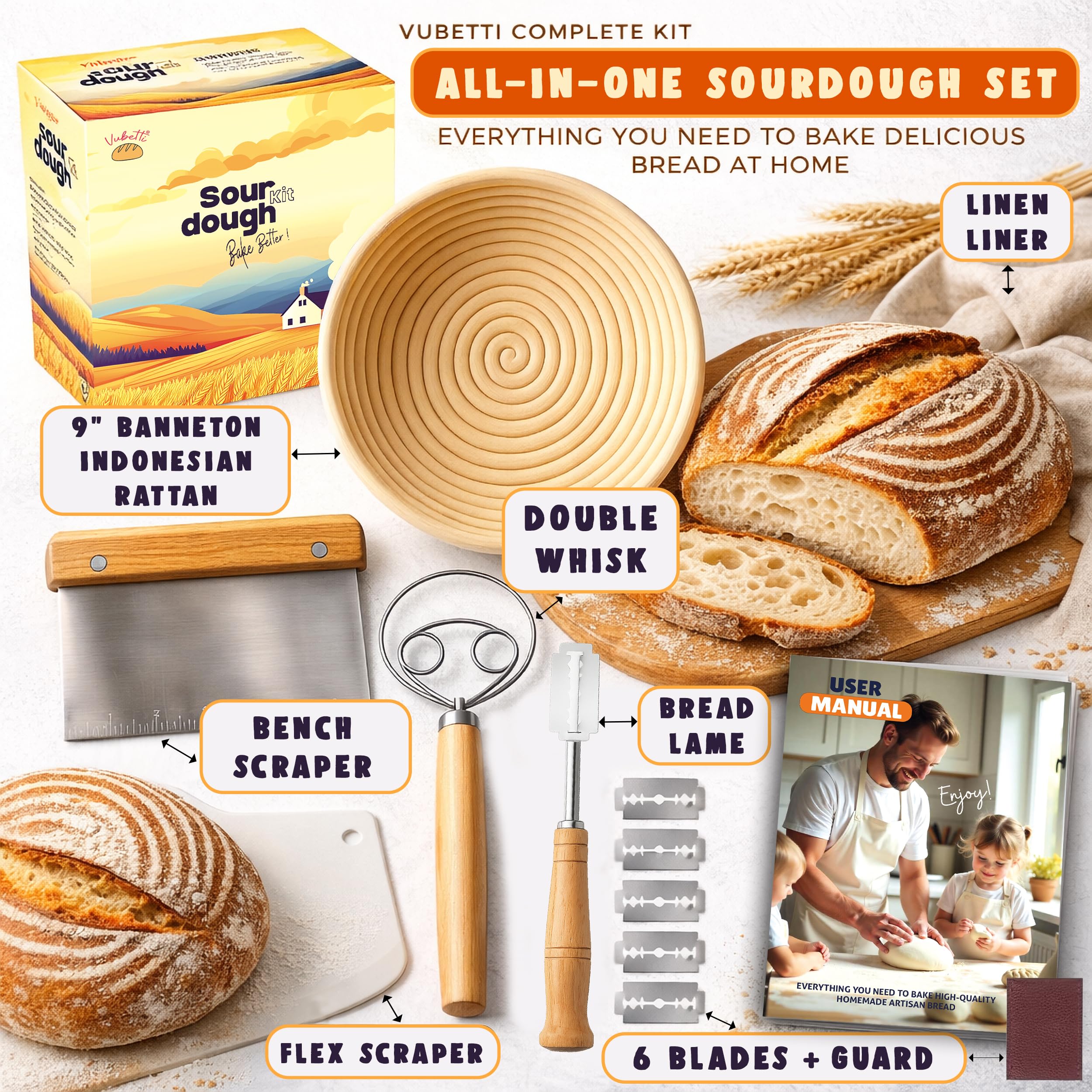 Sauerteig-Starter-Set für handwerkliches Backen, komplettes Set mit 22,9 cm Gärkorb, unverzichtbares Backzubehör, Rezeptheft und Leinentuch, ideal für Hobbybäcker