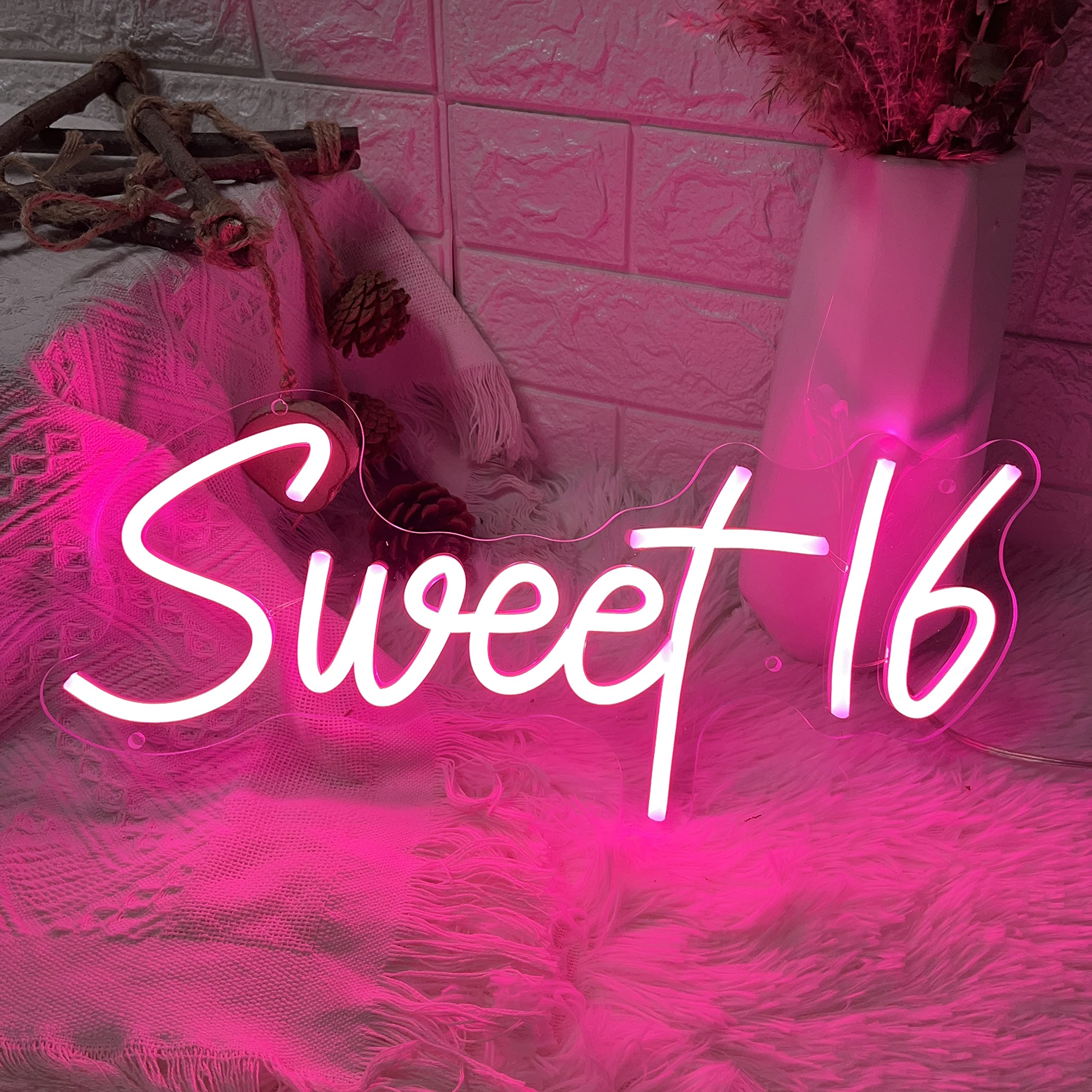Sweet 16 Neon Sign Pink LED Neon Sign for 16th Happy Birthday Party Decor Girl Bedroom Wall Decor Preppy Room Decor Aesthetic USB Operated Birthday Gifts for Teenager -15.7x7.1"