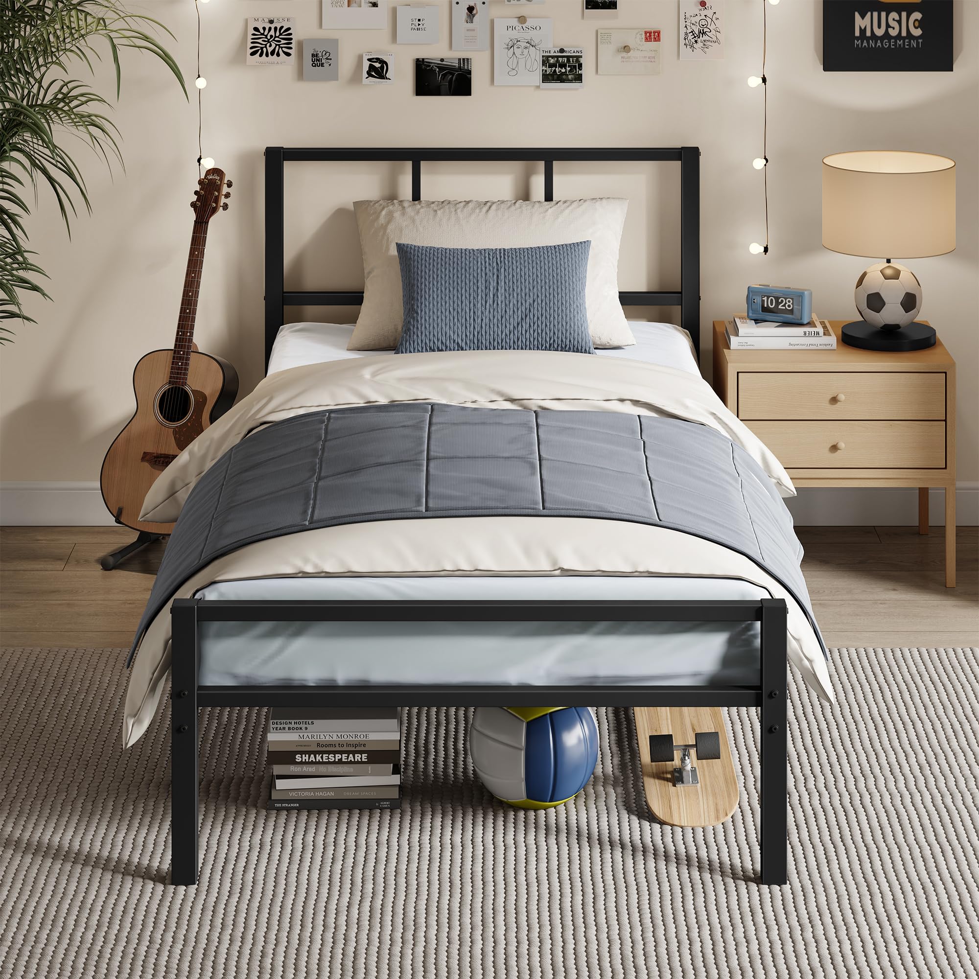 VASAGLE Struttura Letto Singolo 90 x 190 cm, Testiera, Telaio Letto in Metallo, Regge Fino a 250 kg, Facile da Montare, per Camera da Letto, Nero Inchiostro RMB291B101