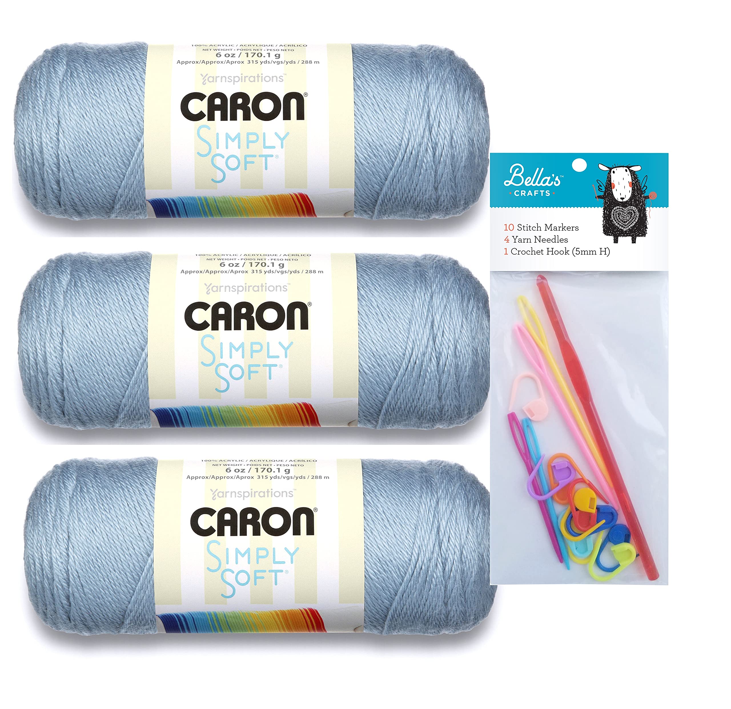 Caron Simply Soft Light Country Blue 3-Pack Bundle with Bella's Crafts H/5mm Crochet Hook, 10 Stitch Markers and 4 Plastic Yarn Needles