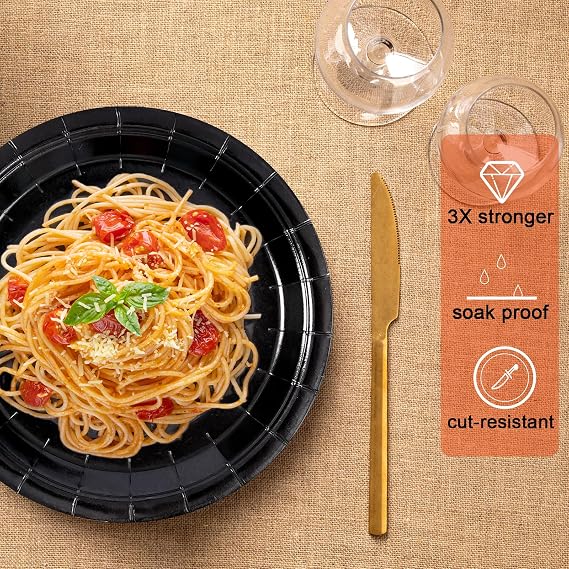 Black Disposable Paper Plates, 9 Inch Dinner Party Plates, 50 Count Bulk