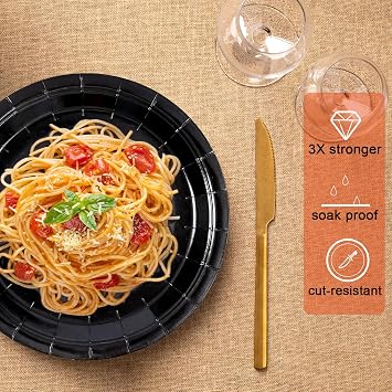Black Disposable Paper Plates, 9 Inch Dinner Party Plates, 50 Count Bulk