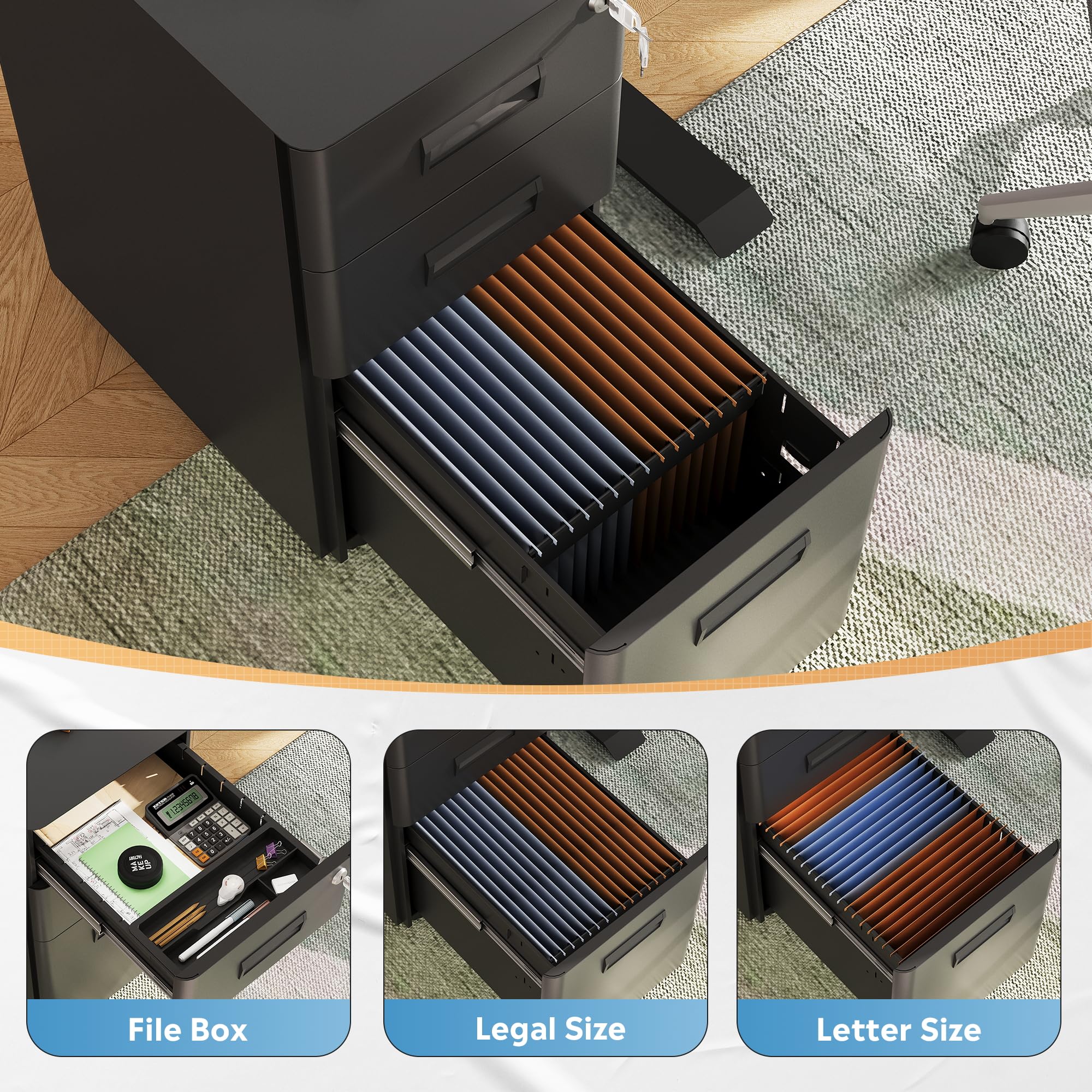 DEVAISE 3-Drawer Slim File Cabinet, Small Mobile Filing Cainet with Lock for Home Office, Fits Letter/Legal/A4 Size, 11.8 x 17.7 x 23.2 Inches (Pre-Assembled, Black): Black 17.7" D x 11.8" W x 22.8" H