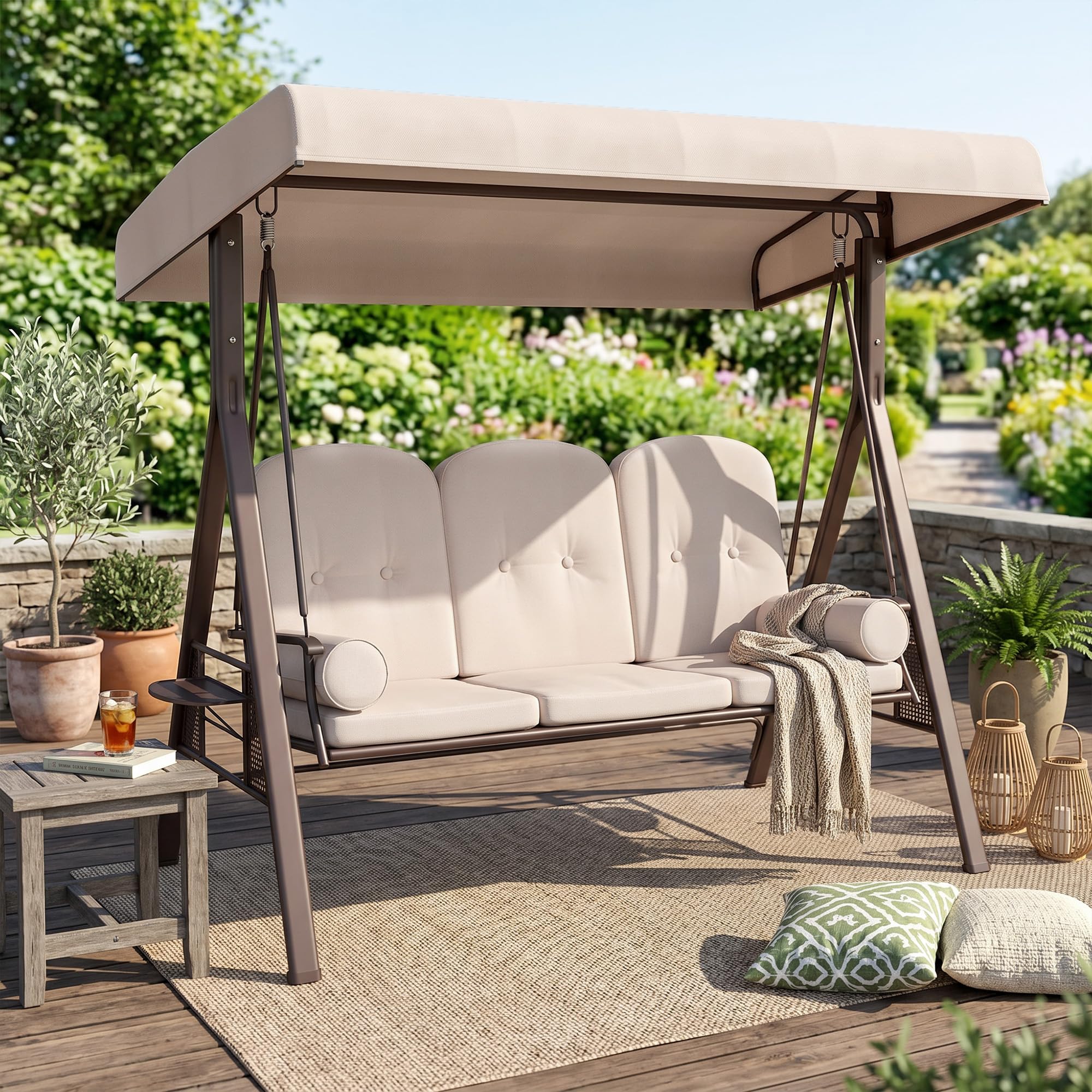 Outsunny Balancelle de Jardin 3 Places Grand Confort Toit Inclinaison réglable Coussins Plateaux rétractables Beige