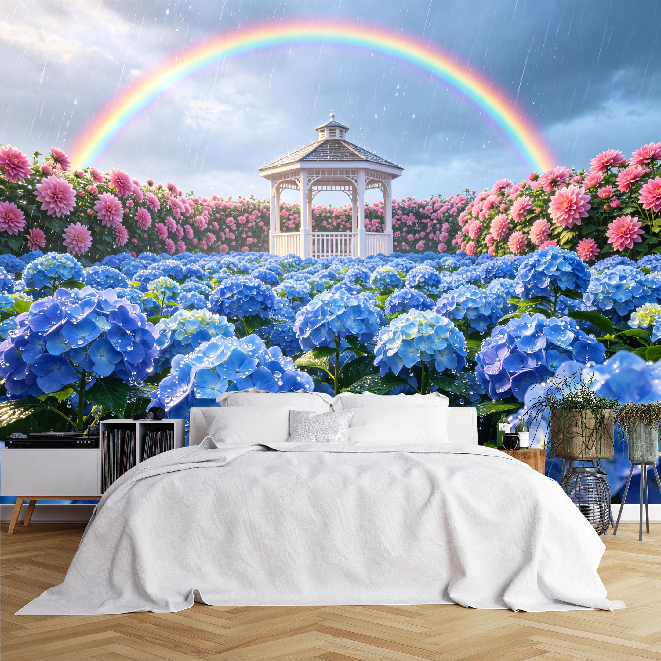 Lcythiazole Ch260615068 Custom Size Wall Murals Rainbow Hydrangea Pavilion Rainy Garden Wall Murals Wall Stickers Wallpaper Self-Adhesive Removable Wallpaper For Bedroom Patio Room