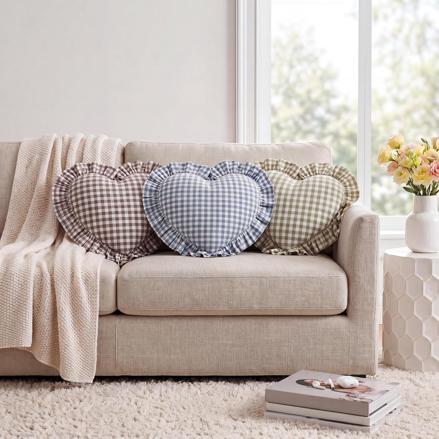 Xuhal Ruffle Gingham Pillow Heart Shaped Pillow 20.5" x 18.5" Dusty Blue Plaid Ruffle Decorative Cushion, 100% Cotton Farmhouse Decor Scalloped Cushion for Vintage Bedroom, Living Room, Sofa & Bed