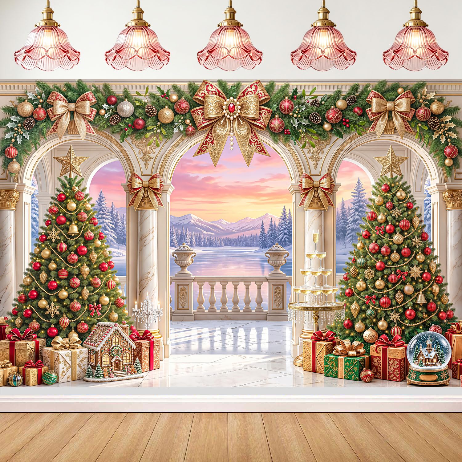 Fondo de arco de mármol de Navidad de 3 x 8 pies, fondo de fotos de montaña