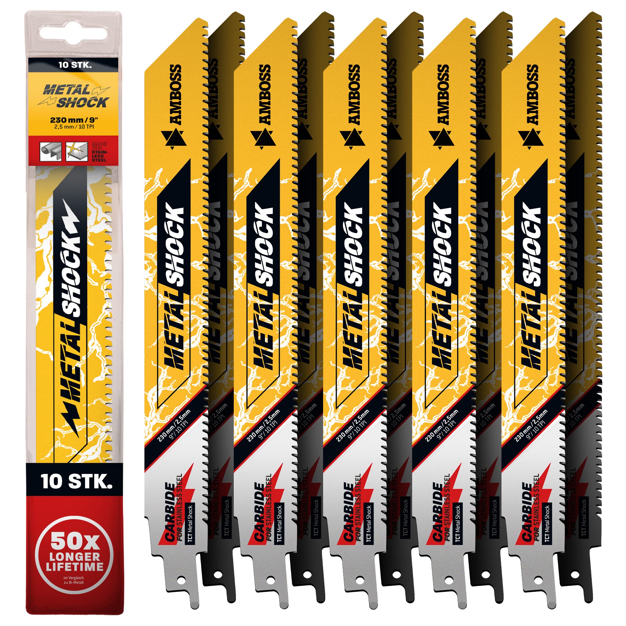 AMBOSS METAL SHOCK - 10 x brzeszczot do piły szablastej długość 230 mm / 10 ZpZ - idealny do odrywania/ montażu / demontażu/budowy rur - nadaje się do stali nierdzewnej oraz stali (rury/profile/nośniki) oraz rur żeliwnych