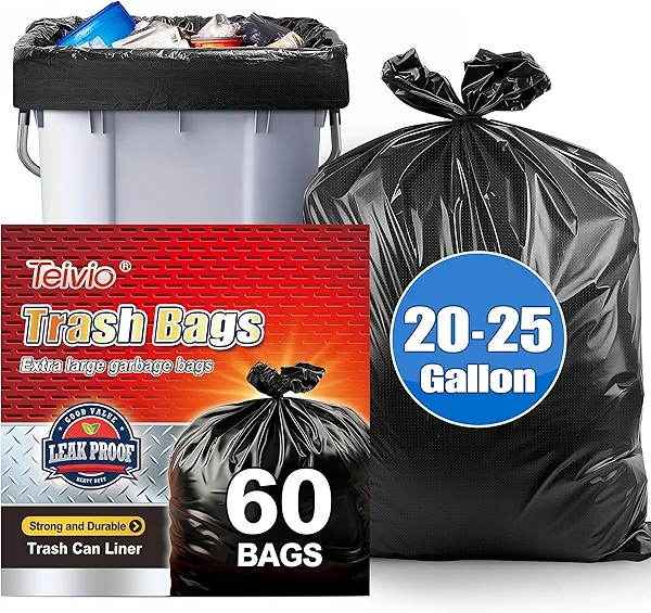 Teivio Black Trash Bags 20-25 Gallon 60 Count | Large Multipurpose | Fit 18,20,21,23,25 gallon Garbage Bin Liner | Kitchen | Lawn And Leaf Bags Outdoor Yard Waste Bag | Workshops Trash