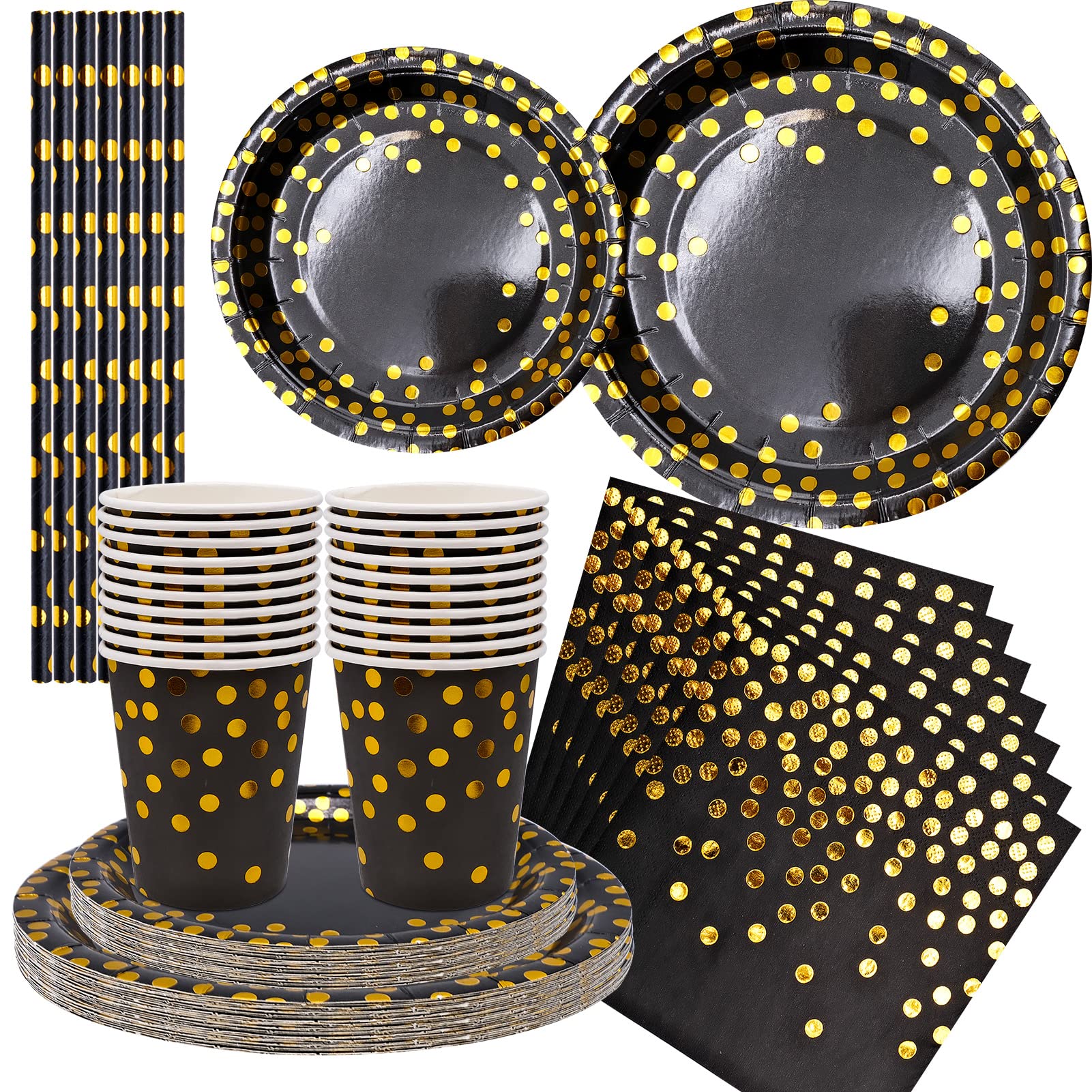 80 Pcs Black and Gold Dot Party Tableware Supplies , Disposable Paper Party Dinnerware Set Included Plates Cups Straws Napkins ,for Birthday, Graduation,Cocktail,Anniversary Celebration (20 Guests)