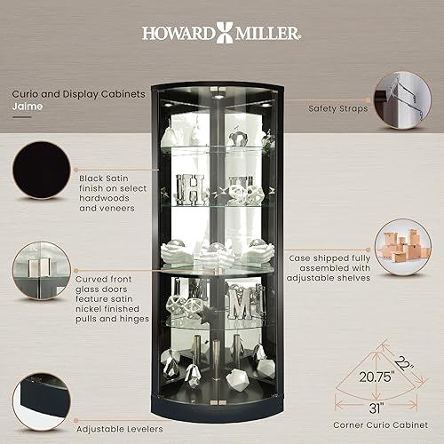 Miniatura 2 de Howard Miller Jaime Corner Curio Cabinet 680-609 - Decoración del hogar con acabado satinado negro, cuatro estantes de vidrio ajustables, vitrina de