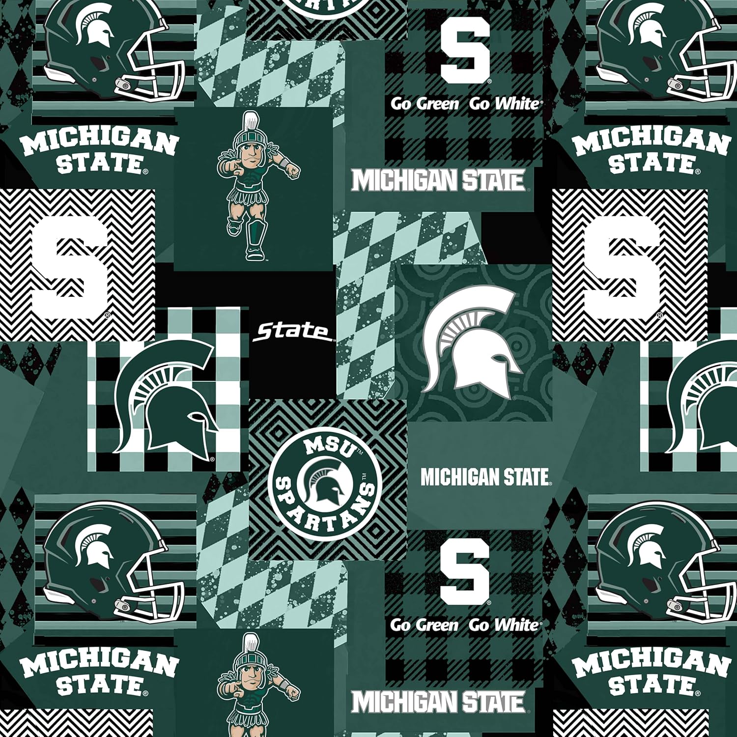 Officially Licensed Michigan State University Minky Fabric with Geometric Design-Michigan State Spartans Minky Fleece Sold by The Yard