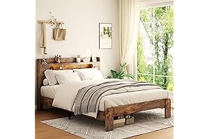 Sturdy Rustic Queen Size Wood Bed Frame with Storage, Charging Station, and LED Lights