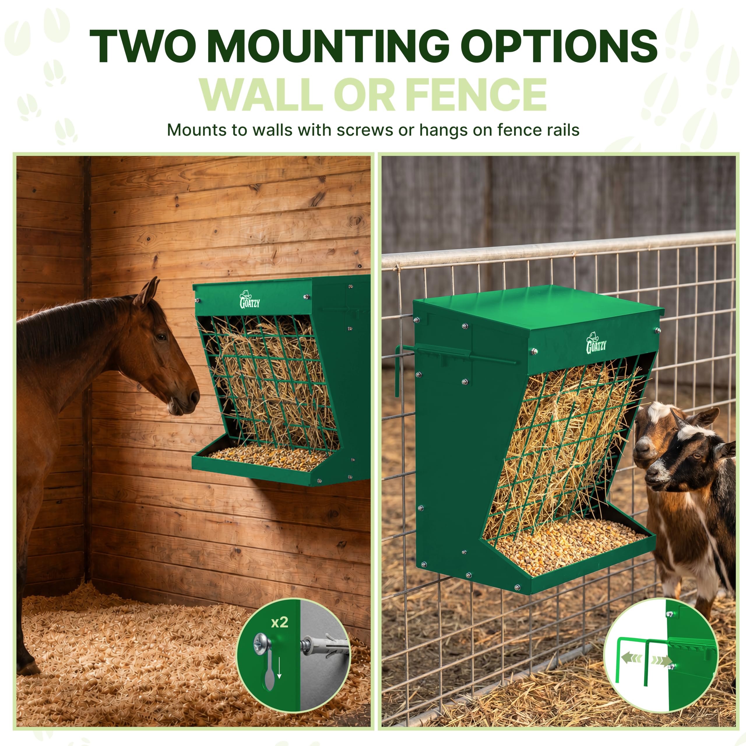 Mangiatoia per fieno a parete per capre, mangiatoia per fieno coperta per cavalli con tetto, 2 in 1 25 galloni fieno rack e grano, gancio appeso sul supporto per recinzione, alimentatore per