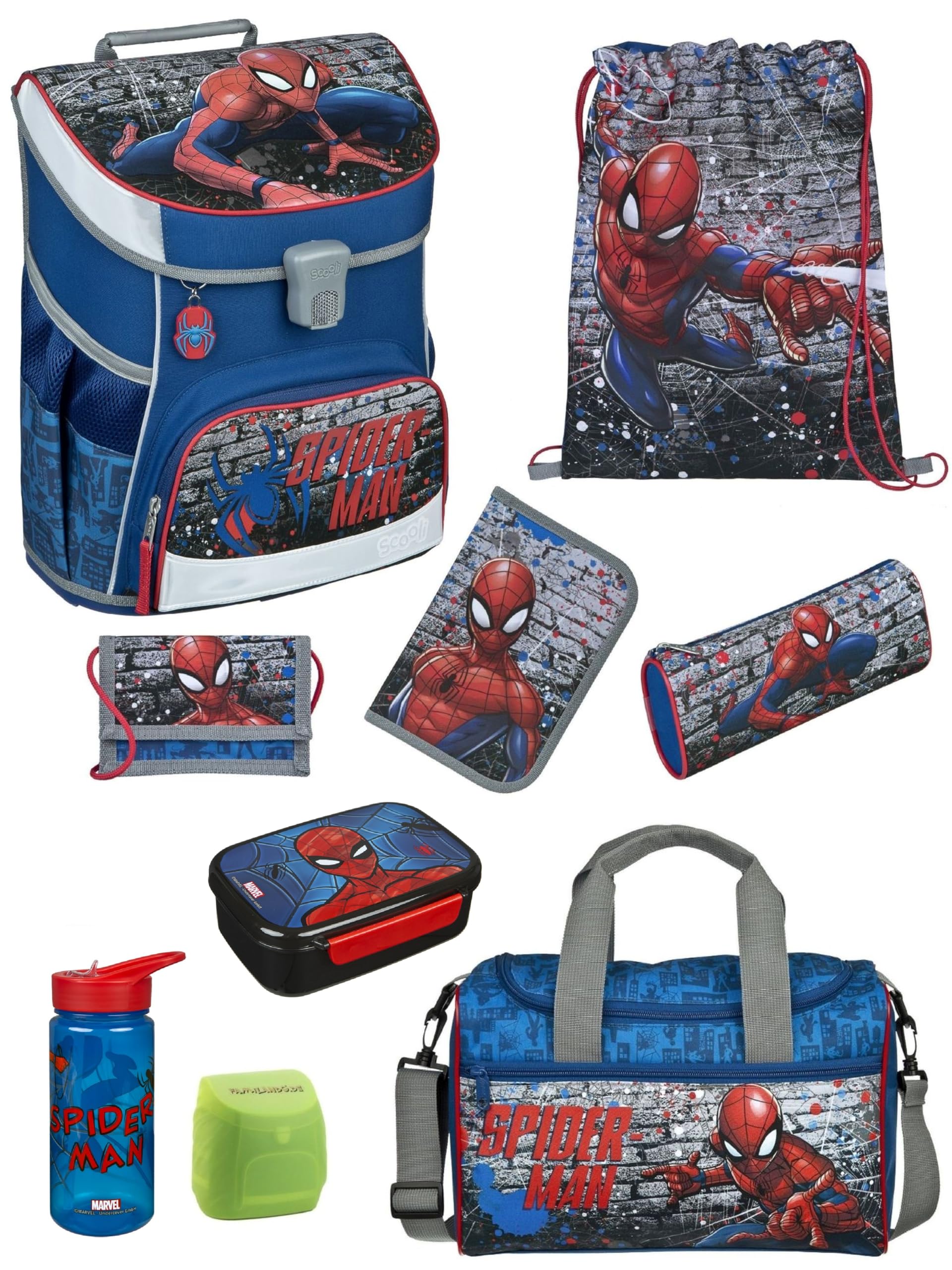 Familando - Scooli Campus Fit Schulranzen Set mit Spiderman - 9-teilig mit Sporttasche - Ergonomisch, Stabil & 980g leicht - 18L Volumen - Brustgurt & Reflektoren - ab 1. Klasse