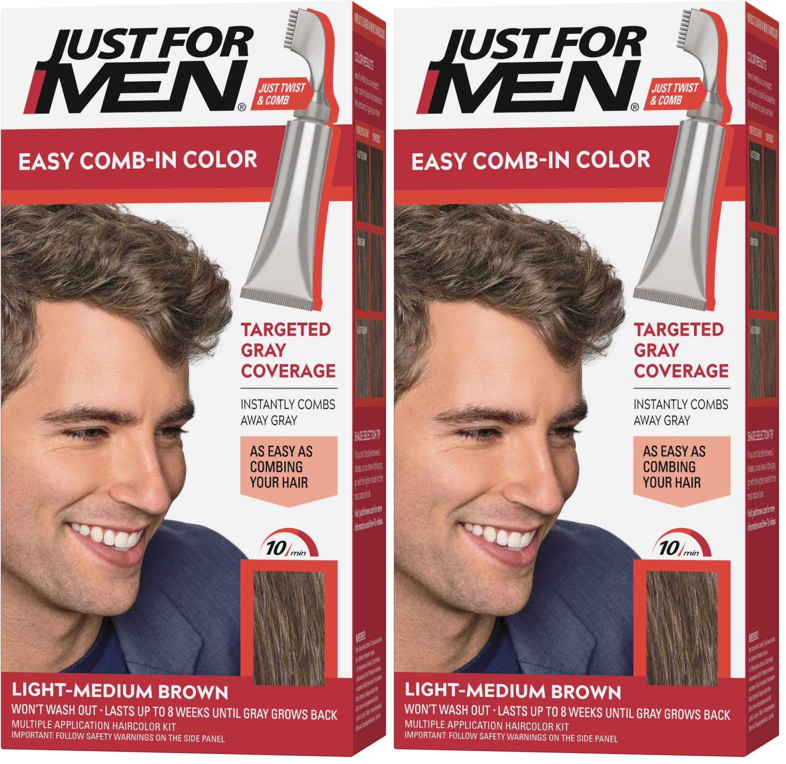 Just For Men Easy Comb-In Color Mens Hair Dye,Easy No Mix Application with Comb Applicator - Light-Medium Brown,A-30,(Pack of 2)