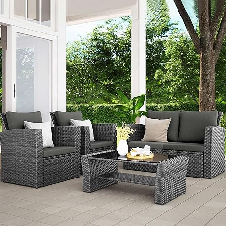 Wisteria Lane 4 Piece Outdoor Patio Furniture Sets, Wicker Conversation Set for Porch Deck, Grey Rattan Sofa Chair with Cushion (Dark Grey