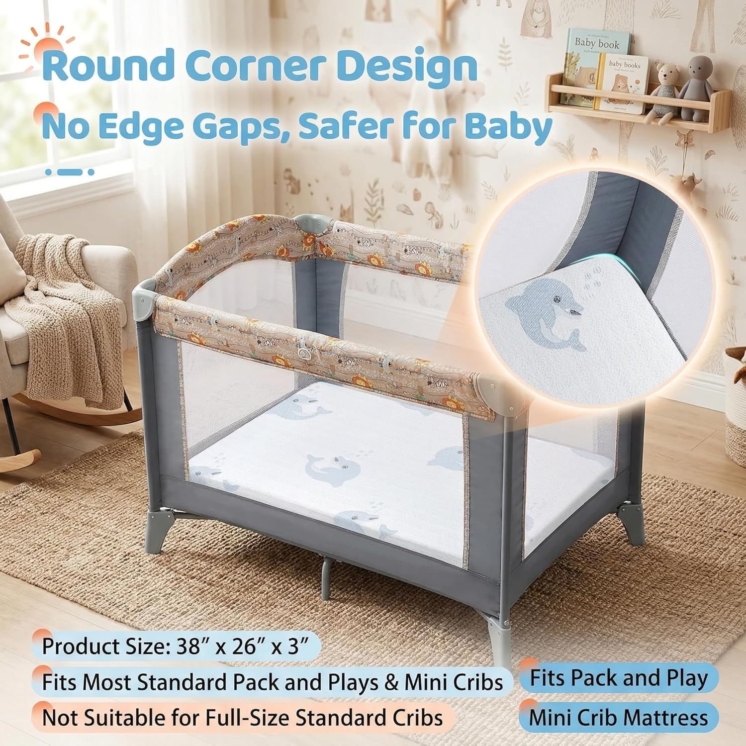 Pack and Play Mattress 38 x 26 x 3 Inch, Dual Sided Memory Foam Crib Mattress for Newborn & Toddlers, Breathable Playard Pad with Anti-Slip Bottom & Washable Plush Cover, Sky Blue