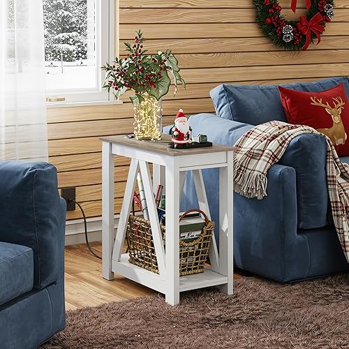 Miniatura 2 de WLIVE Juego de 2 mesas auxiliares para sala de estar con estación de carga, mesas auxiliares de sofá con estante de almacenamiento abierto, juegos