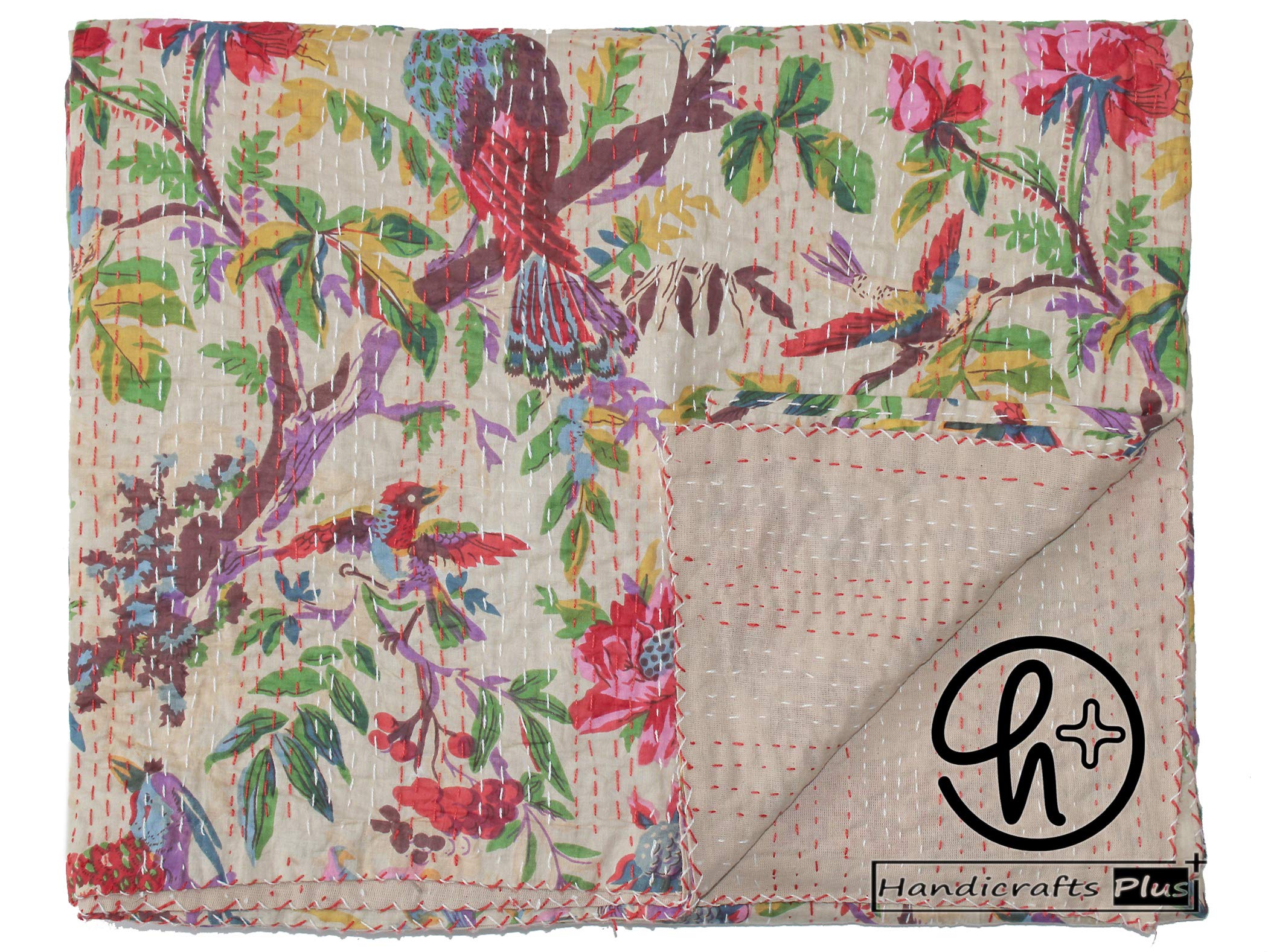 Handicrafts Plus Kantha Quilt Cotton Bedcover Bird Print Ralli Hippie Gudari Beige Throw Decorative Blanket Bedding Bedspread Indian Homemade Coverlet (Twin/Single (60x90 Inch))