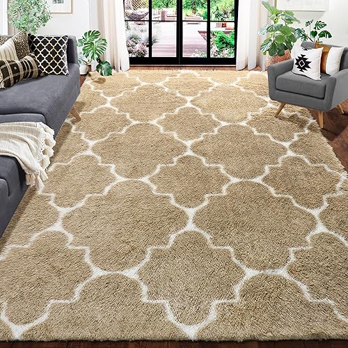 Amdrebio Beige and White Rug for Bedroom Living Room, 5x7 Area Rugs, Soft Shaggy Neutral Boho Rug for Dorm Playroom Classroom, Morrocan Cozy Carpet for Kids Room Baby Boy Nursery, Bohemian Rug