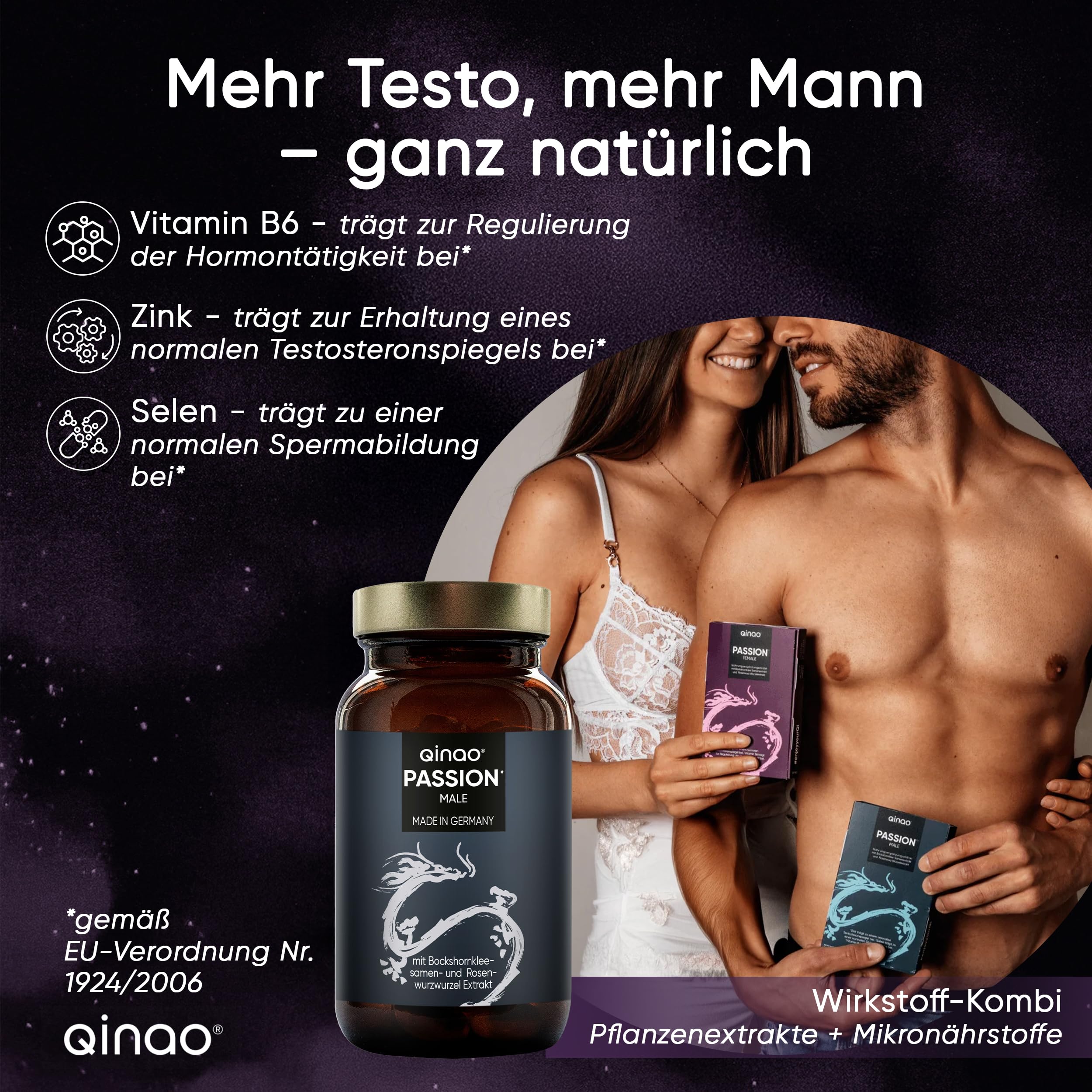 PASSION MALE – Komplex mit L Arginin, Citrullin & Bockshornklee – Mit Zink & Selen für den Erhalt eines normalen Testosteronspiegels – 90 Vegane Kapseln – Ohne künstliche Zusätze