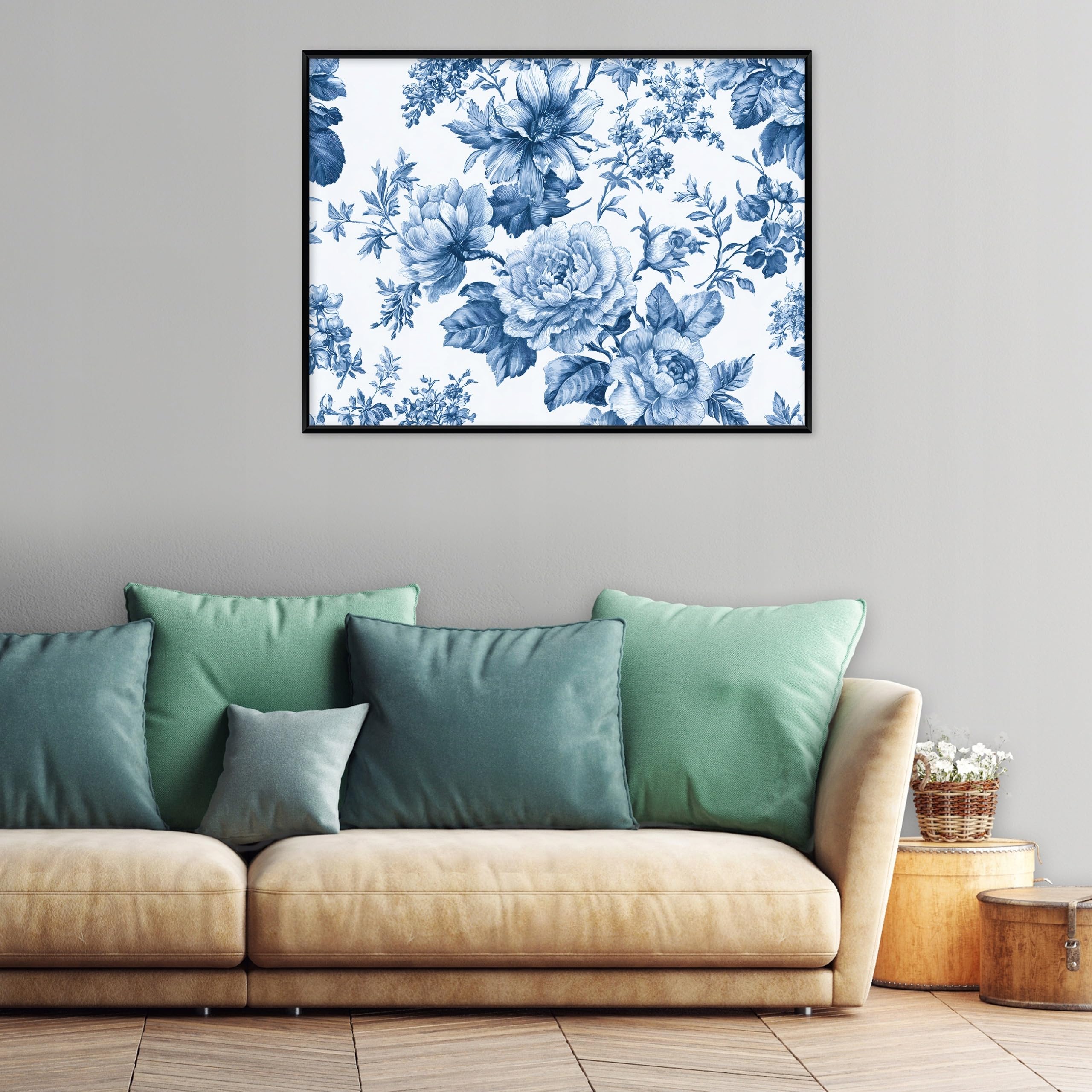 WallArena Impression sur toile avec cadre Motif fleurs bleues 120 x 80 cm