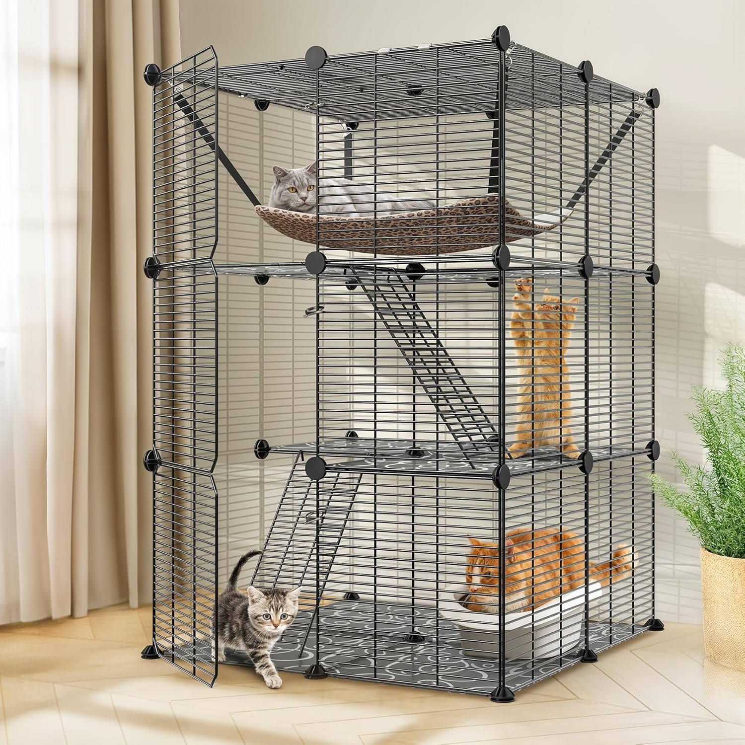 3-Tier Cat Cage Indoor Cat Enclosures DIY Cat Kennel Detachable Metal Wire Playpen with Hammock for 1-2 Cats Ferret Chinchilla Rabbit