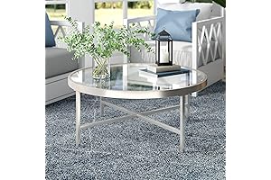 Henn&Hart 36" Wide Round Coffee Table with Glass Top in Satin Nickel