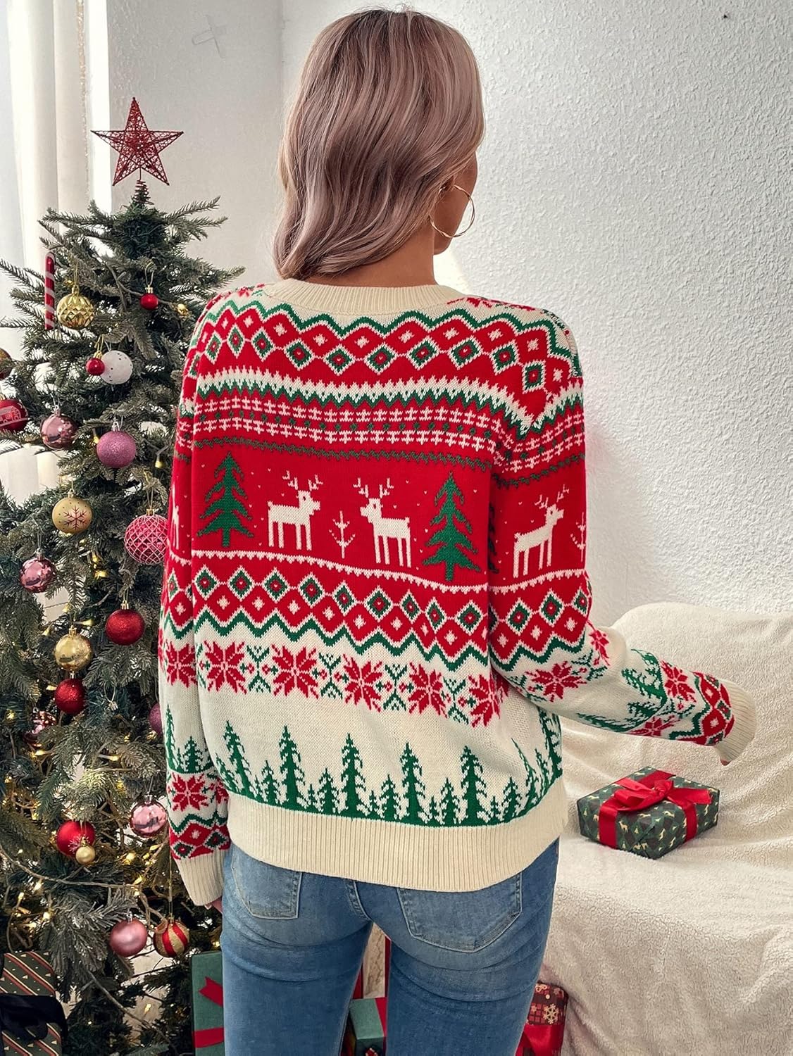 BEDAW Women's Sweater Christmas Pattern Round Neck Sweater Sweater for Women (Color : Multicolor, Size : Small)