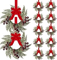 Vista 7 de 8 Piezas de Mini Coronas de Navidad de 8", Pequeñas para Gabinete de Cocina/Ventana/Puerta Principal, Bayas Rojas Artificiales y Piñas, Anillos