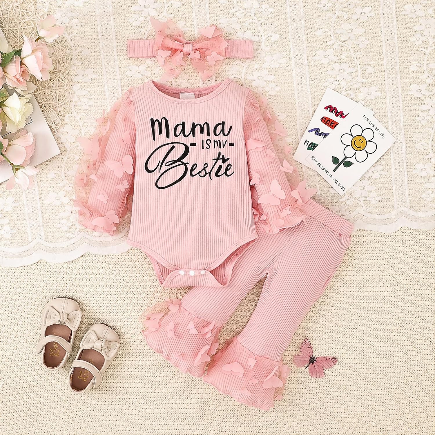 Baby Girl Clothes Newborn Outfits 3D Butterfly Long Sleeve Romper Flare Pants with Bow Headband Set 0-18 Months - Image 2