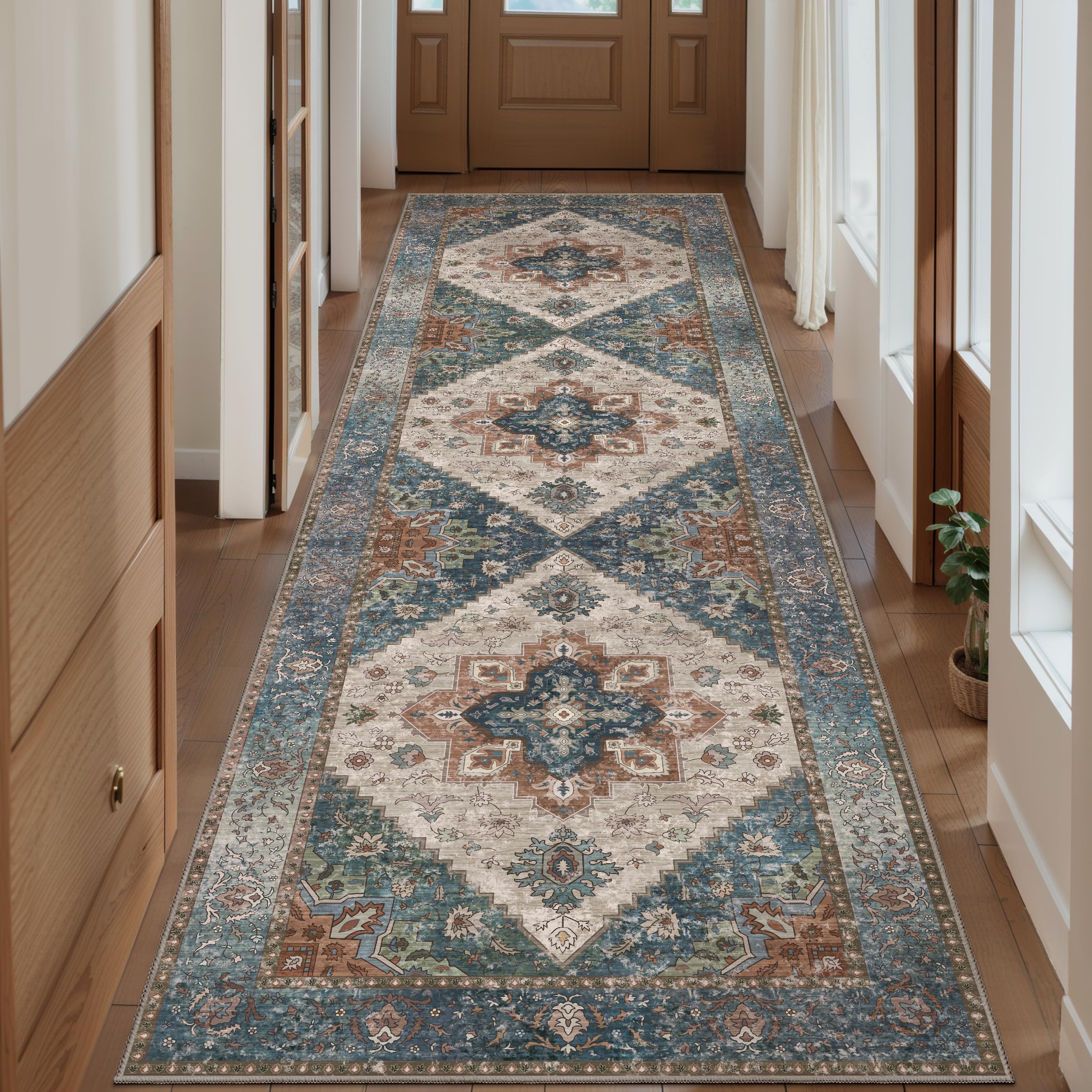Ciicool Washable Vintage Runner Rug - 2'6" x 10' ft Hallway Carpet, Boho Low Pile Long Non Slip Soft Stair Runner Kitchen Carpet Indoor Oriental Throw