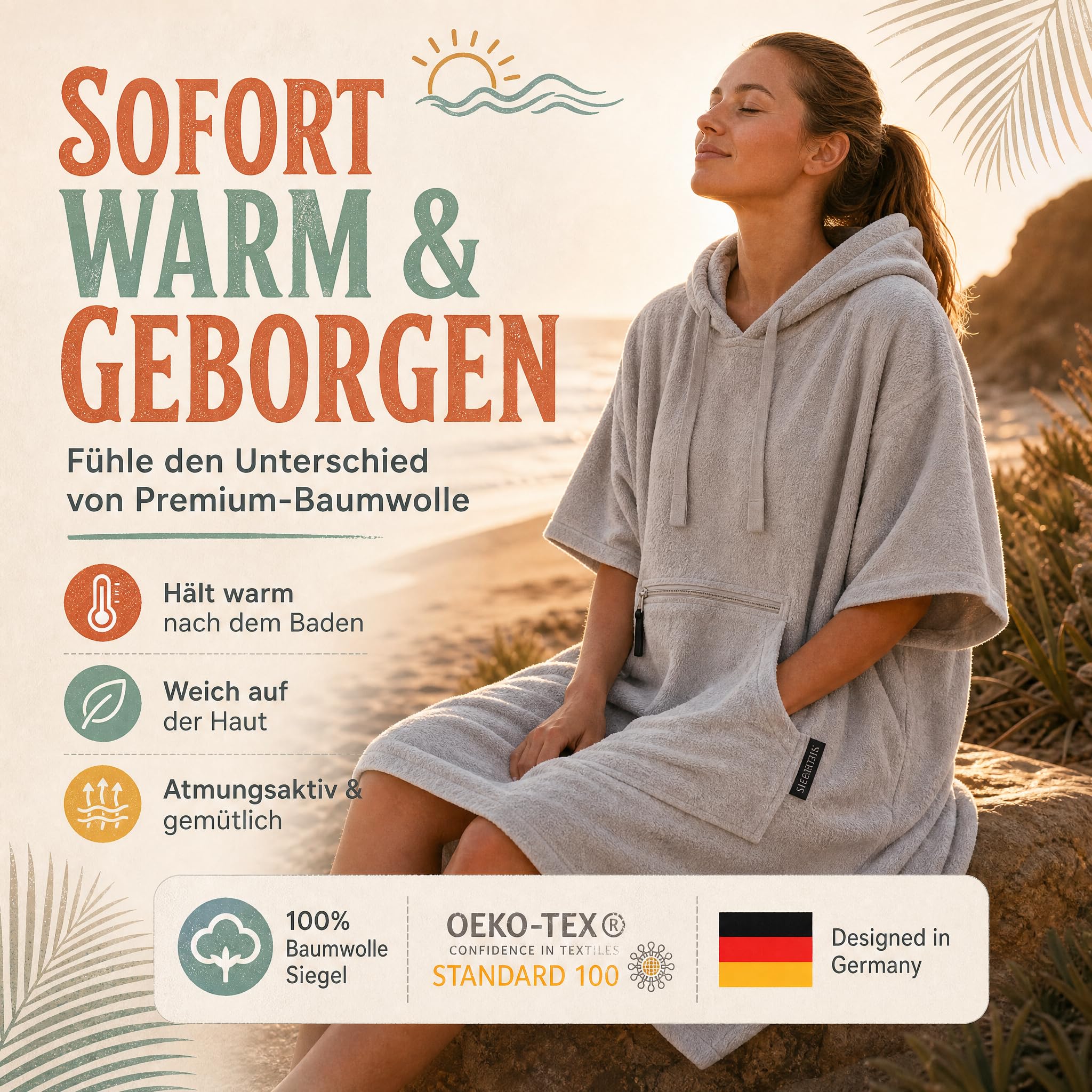 Strandponcho für Damen, Herren & Kinder – Badeponcho aus 100% Baumwolle, Surfponcho zum Umziehen mit Kapuze & Tasche für Strand, Sauna & Pool, Hellgrau, S/M