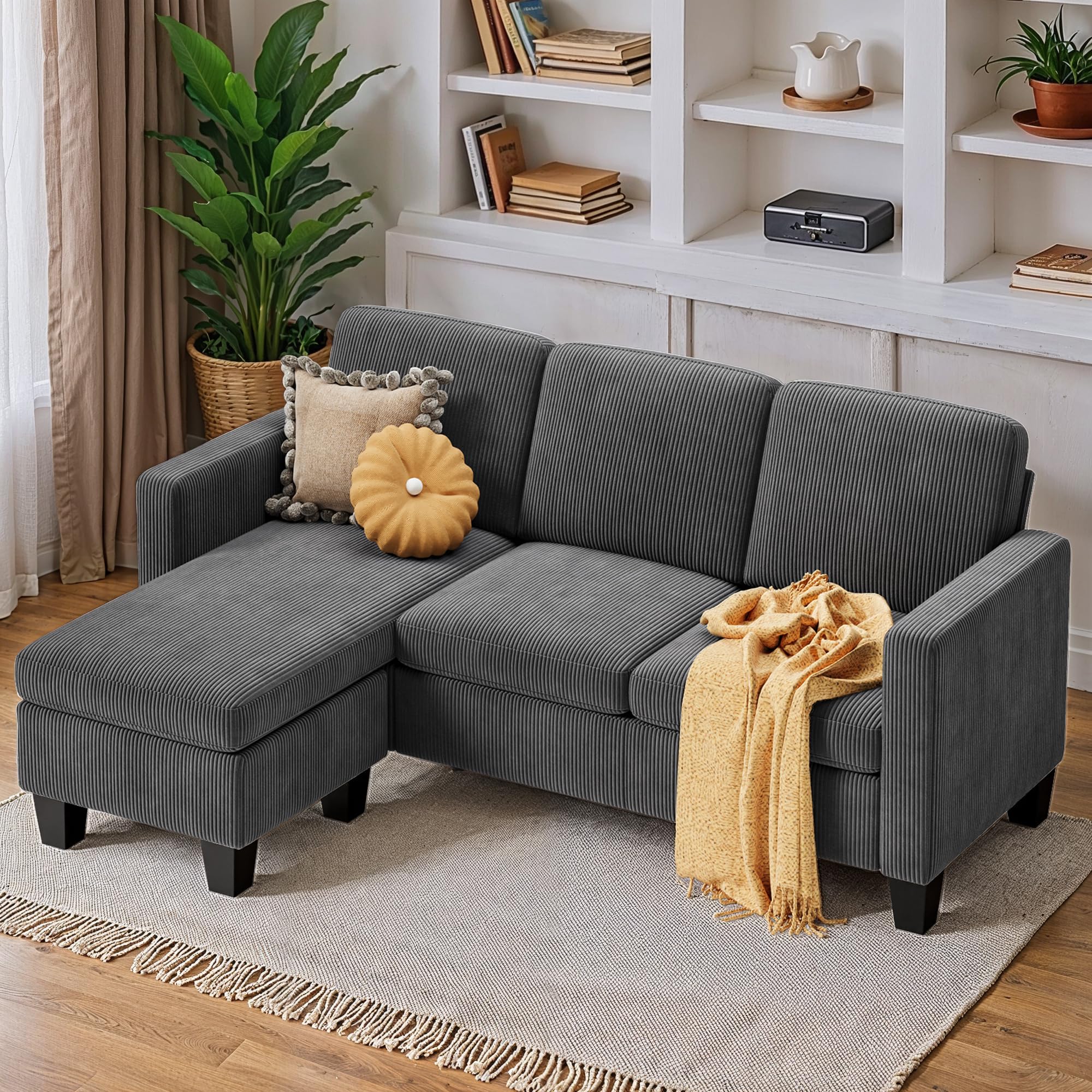Xbro Sofá Chaise Longue de 3 plazas en Forma de L, Relleno de Esponja de Alta Resiliencia, Tejido de Algodón y Lino Transpirable para Salón Moderno, Gris Oscuro