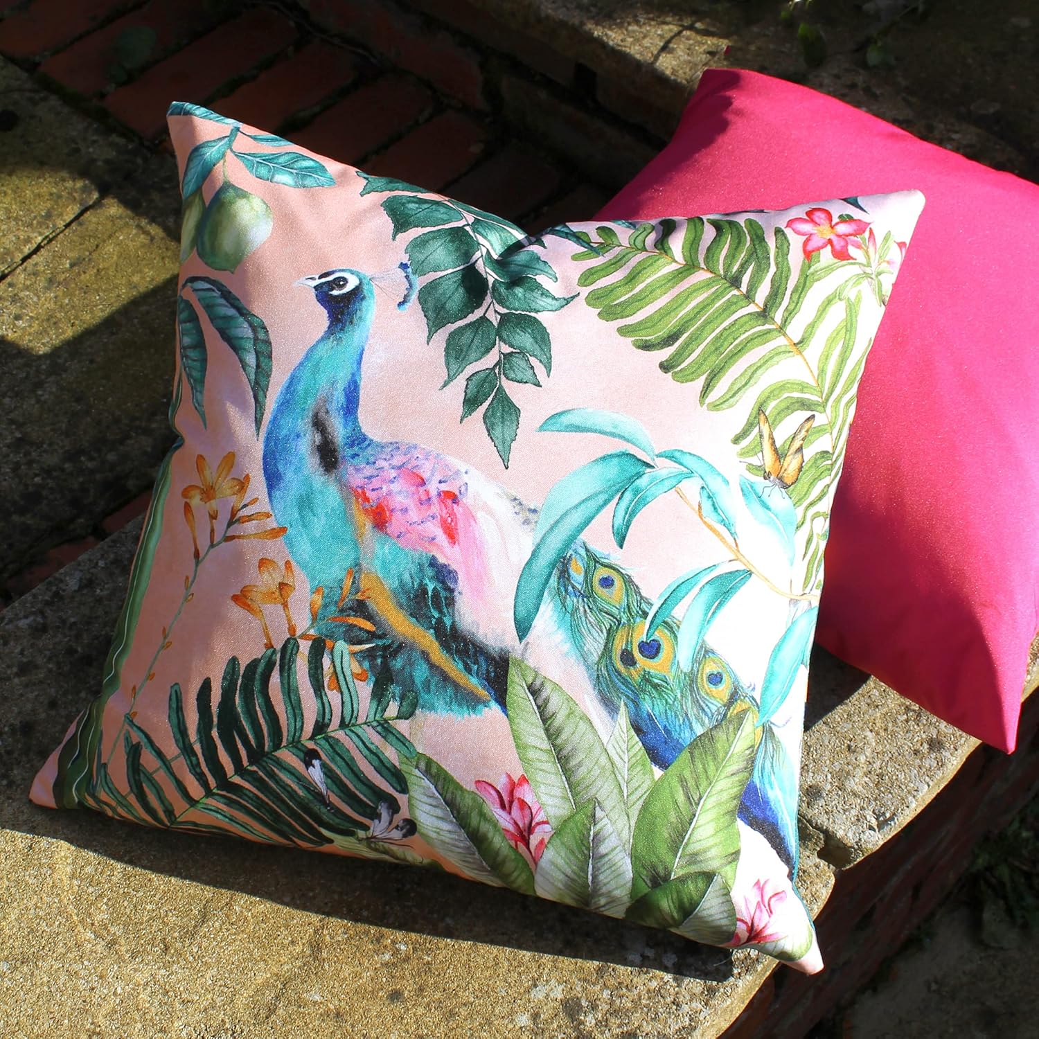 Evans Lichfield Peacock Outdoor Cushion Cover, Polyester, Blush, 43 x 43cm