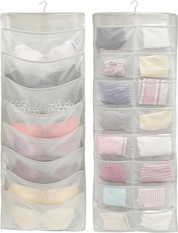 24-Pocket Double-Sided Hanging Closet Organizer | 1 Pack, for Bra & Underwear Storage with Rotating Hanger, Mesh Fabric, Gray
