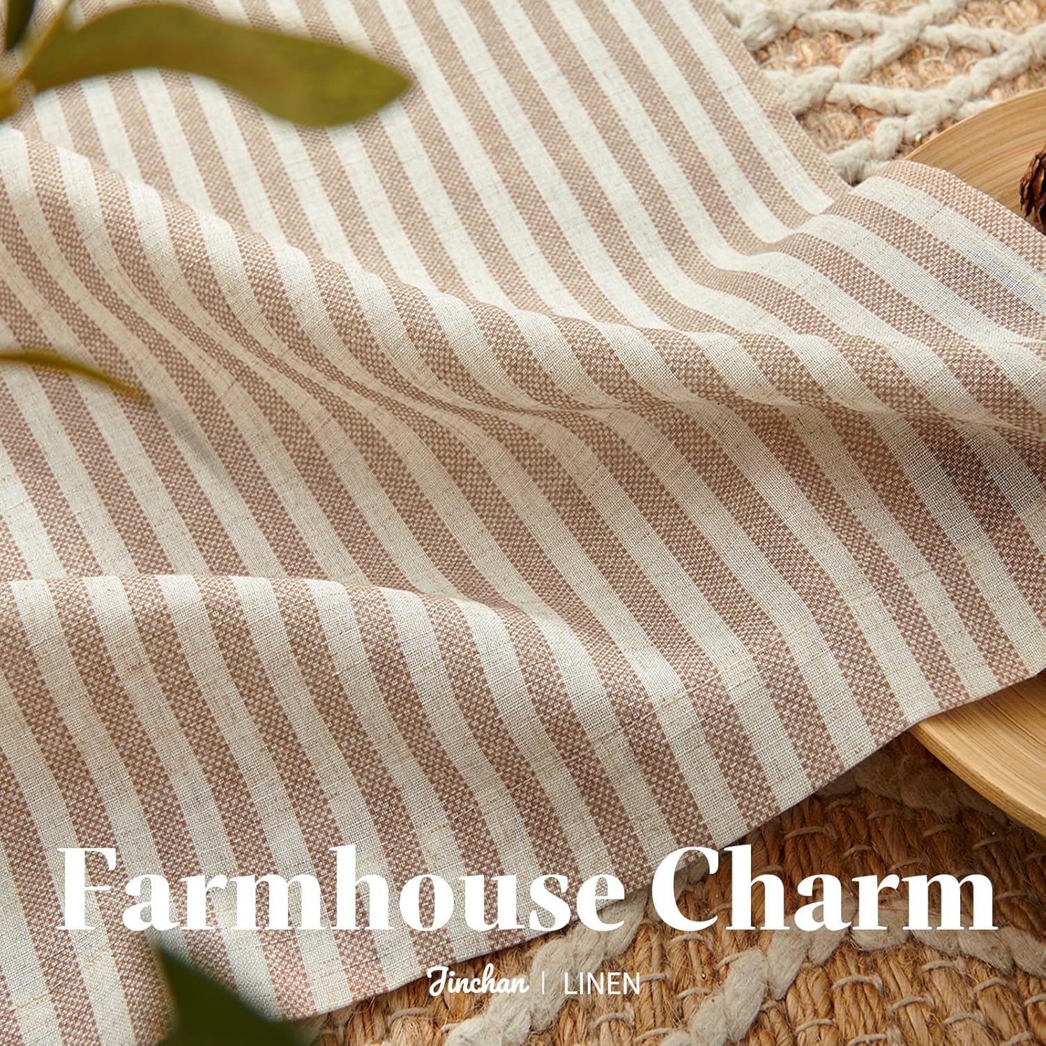 jinchan Striped Linen Kitchen Curtains 20 Inches Length Tier Curtains Farmhouse Modern Cafe Style Small Window Treatments Airy Light Filtering Rod Pocket for Living Room Bathroom 2 Panels Tan