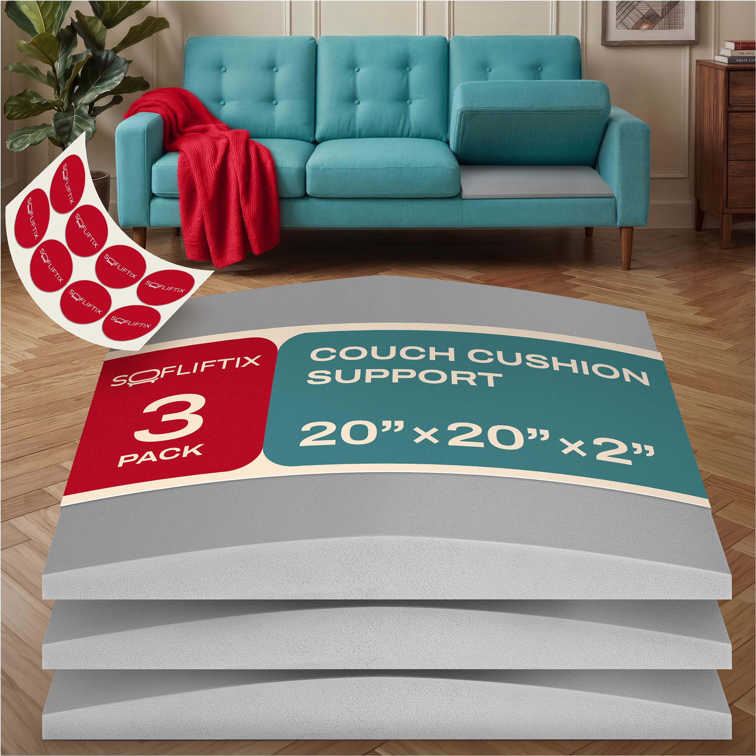 Couch Cushion Support for Sagging Seat, Couch Support for Sagging Cushions, Sofa Cushion Support, 3 Pack 20 x 20 x 2 Inch 45D High Density Foam