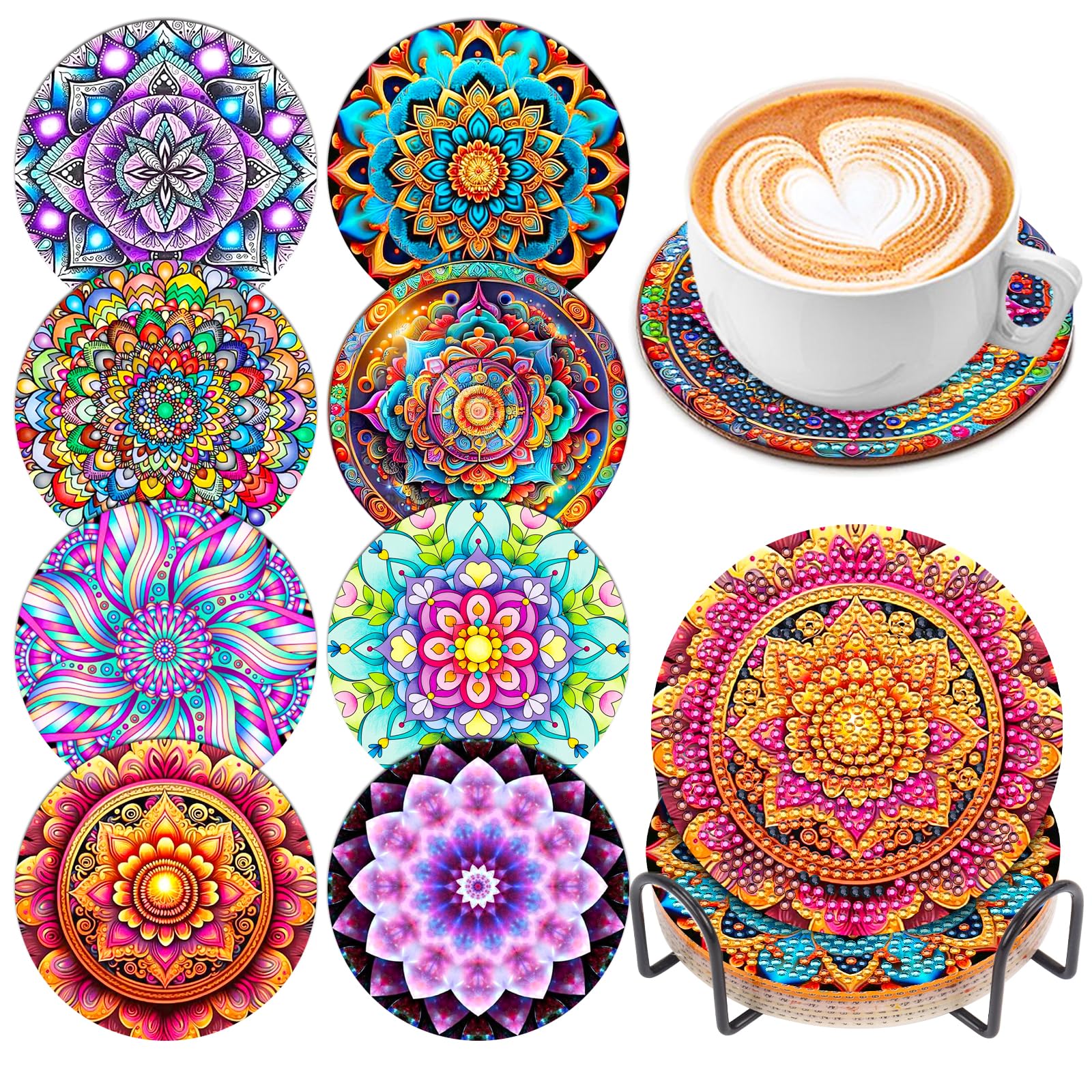 8 Pcs Boho Diamond Art Painting Coasters with Holder, DIY Boho Mandala Flower Diamond Crafts Coasters for Adults Diamond Art Painting Kits for Beginners, Diamond Craft Supplies for Adults Kids